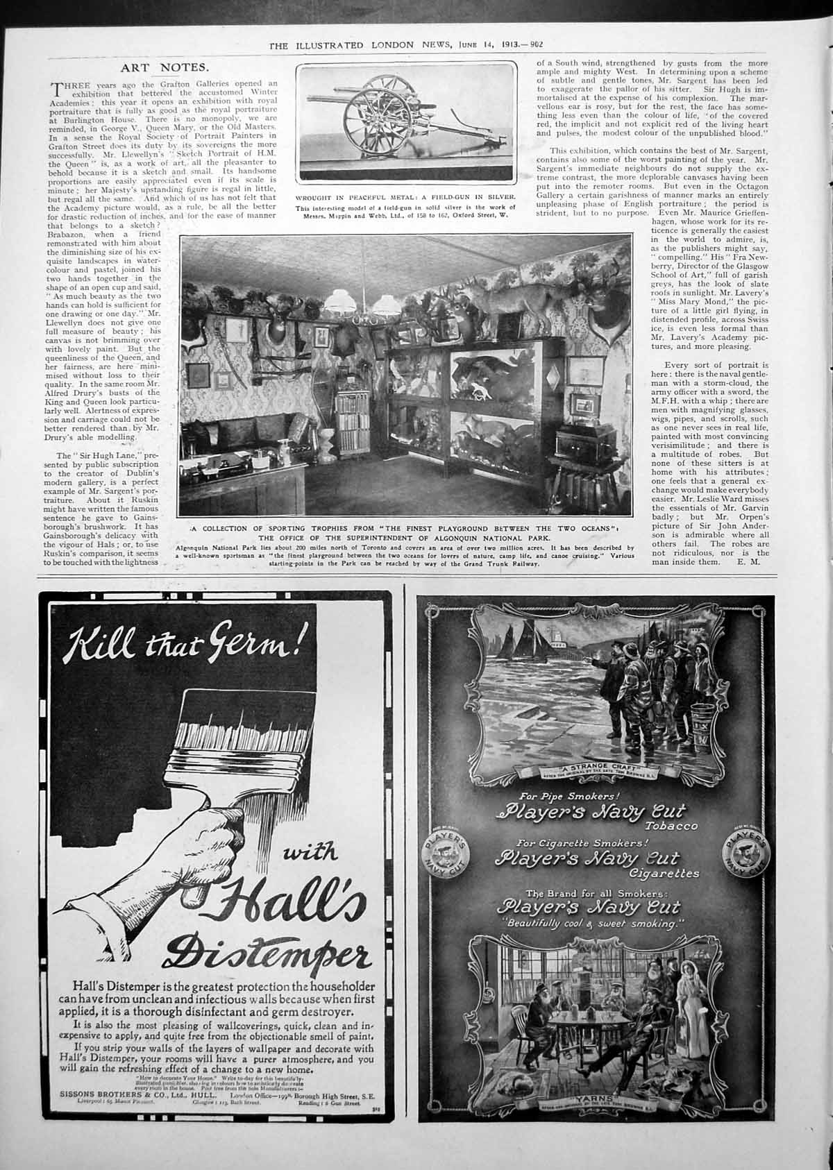 Antique Old Print Algonquin National Park Sporting Trophies Deer Heads 1913