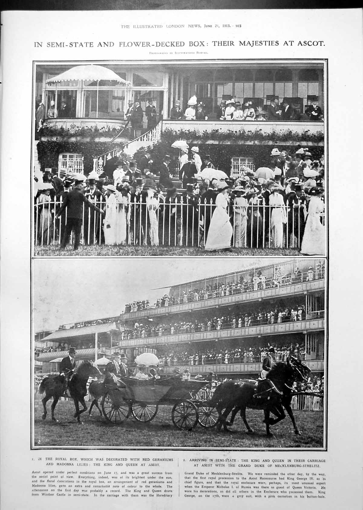 Antique Old Print Their Majesties Ascot Polo Match Ladies Bisley Selkirk 1913