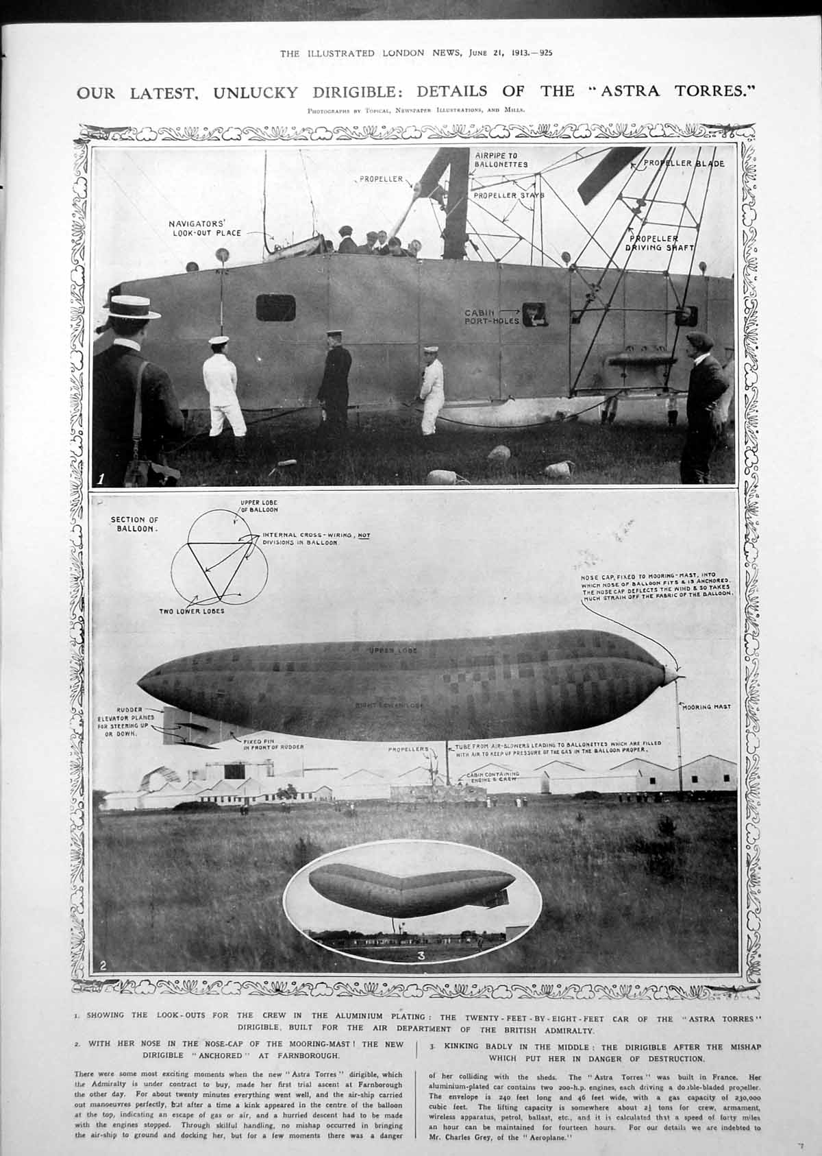 Old Print Astra Torres Dirigible Damaged Covent Garden Through Ages 1913 20th