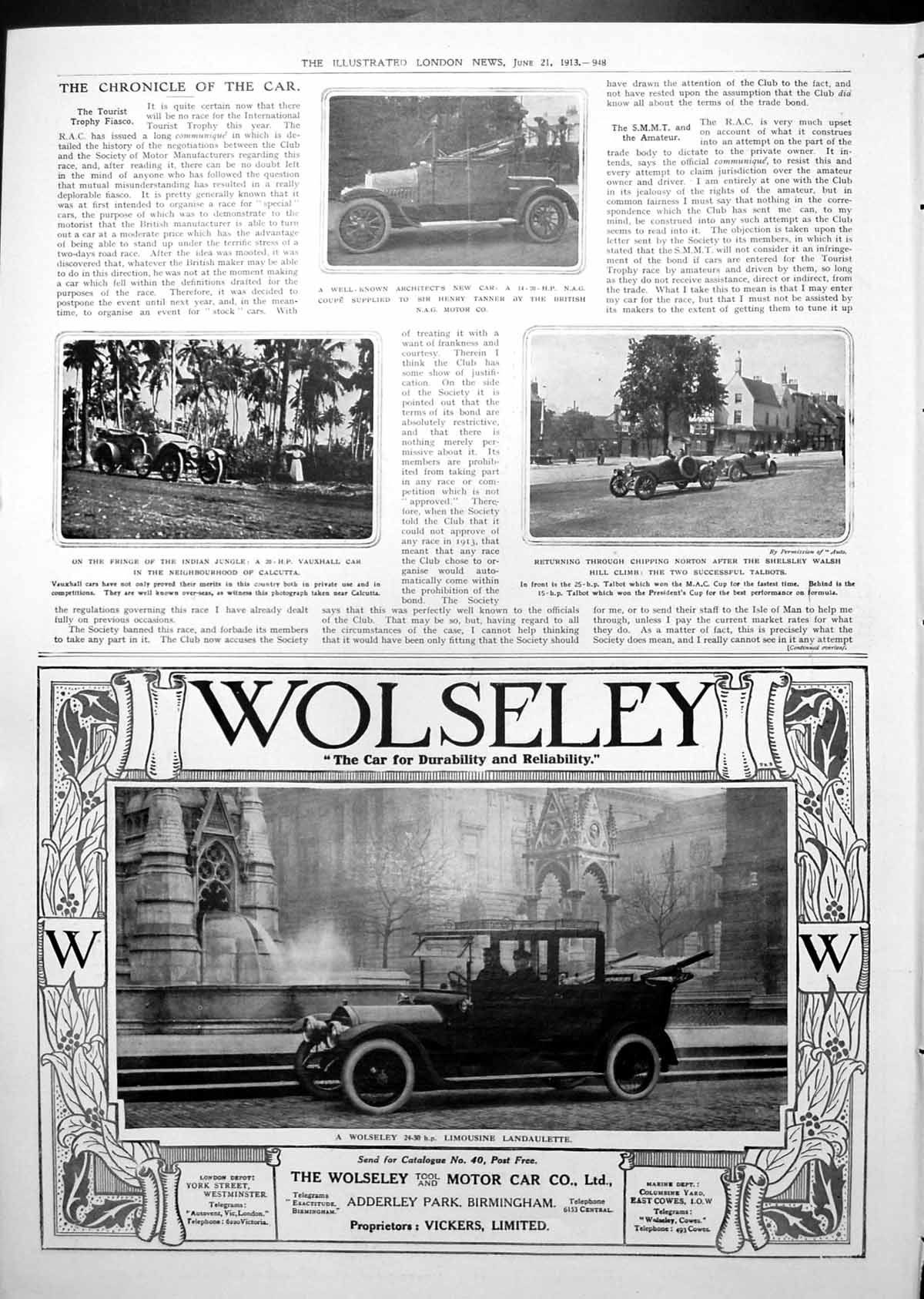 Old Antique Print Vauxhall Car Fringe Jungle Calcutta Talbots N.A.G. 1913 20th