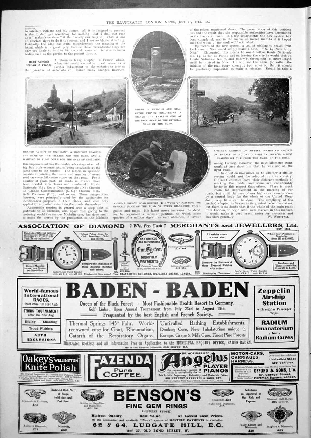 Antique Print French Kilometre Road Signs Painted Names Villages Roads 1913