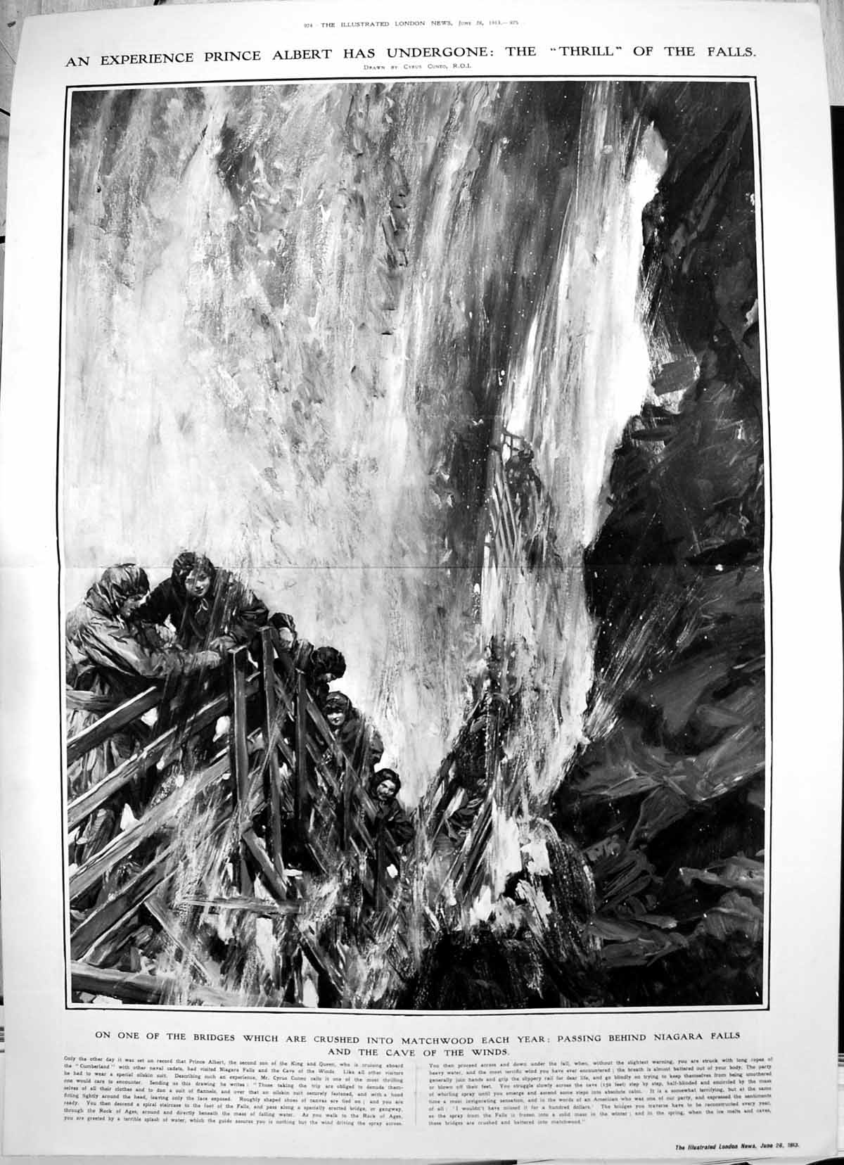 Old Print Passing Behind Niagara Falls Cave Winds Tourists Bridges 1913 20th