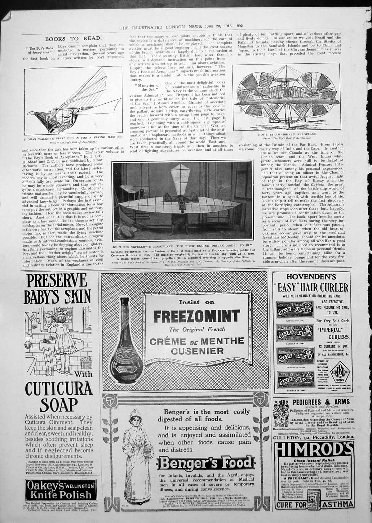Old Antique Print John Springfellow'S Monoplane Engine Driven Model 1913 20th