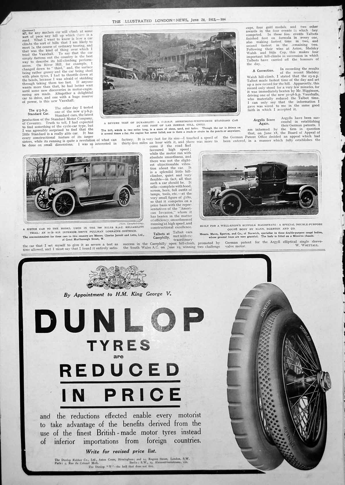 Antique Old Print Armstrong-Whitworth Chili Pullman Lorraine-Dietrich 1913 20th