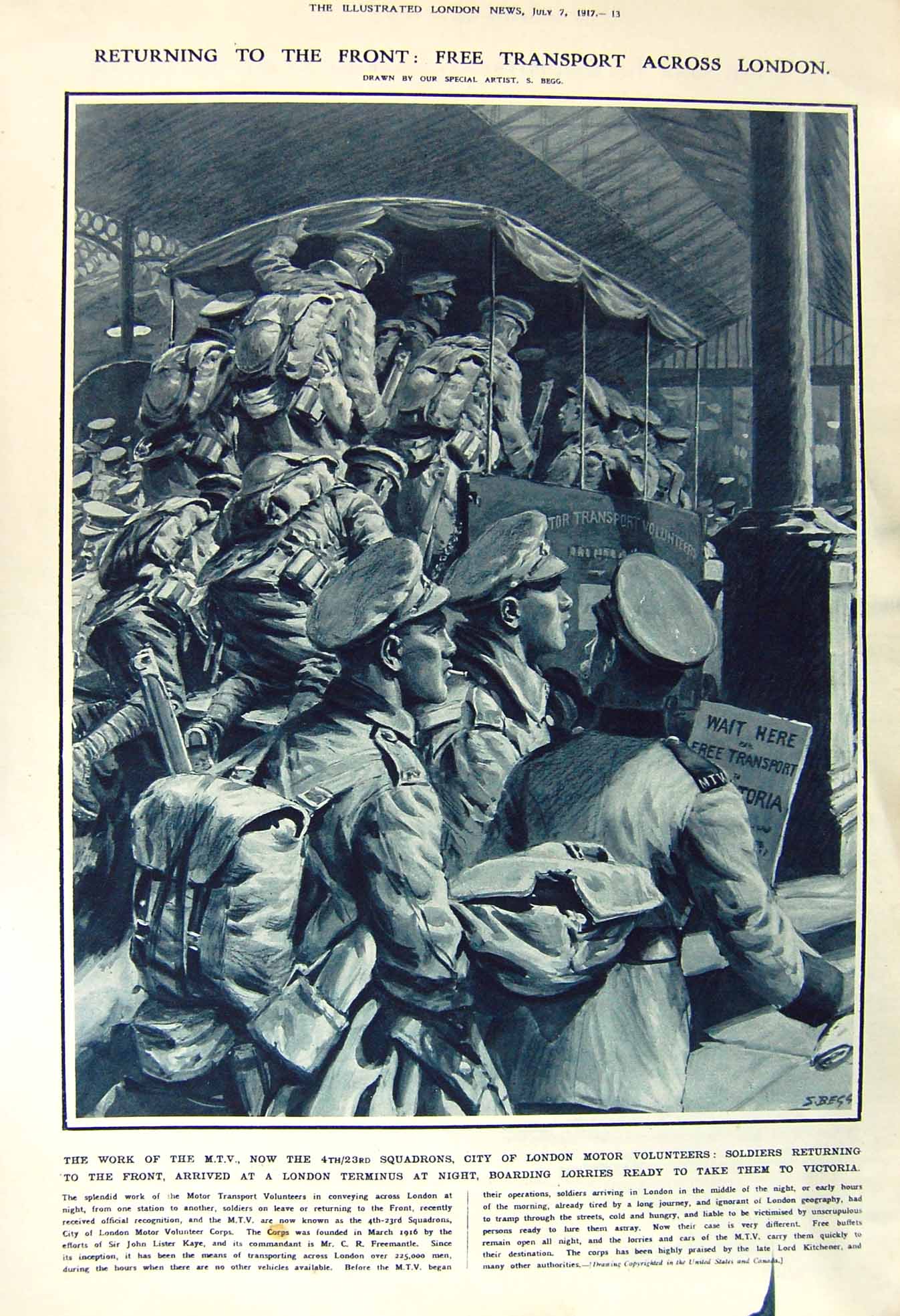 Original Old Vintage Print 1917 M.T.V. London Motor Volunteers French Army War