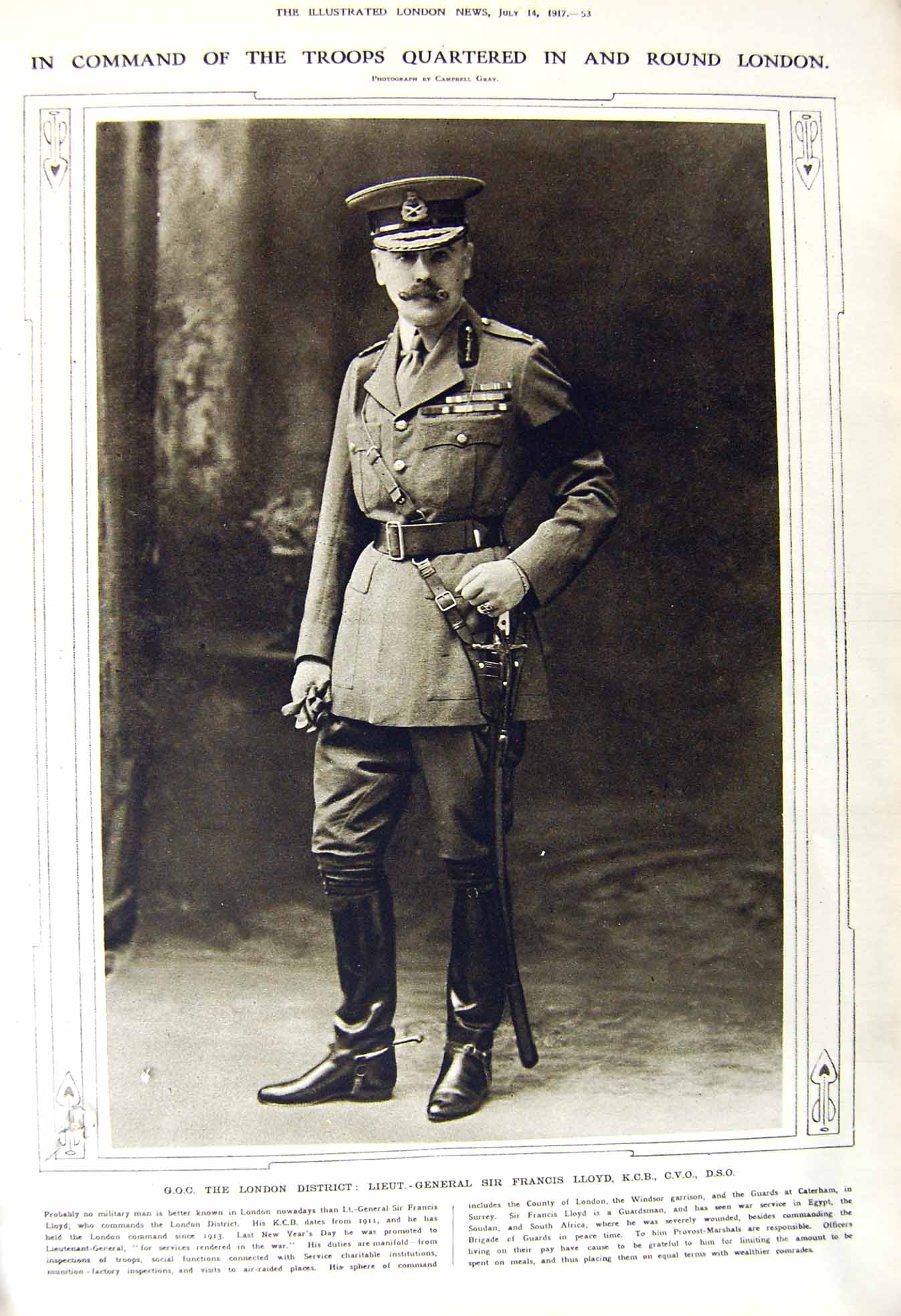 Original Old Vintage Print 1917 Lieut-General Francis Lloyd War Honour Dickson
