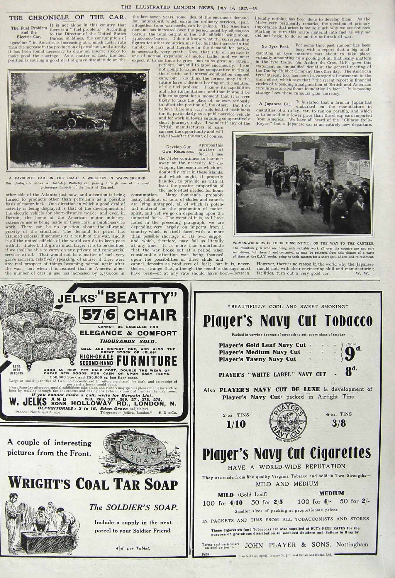 Original Old Vintage Print 1917 Wolseley Motor Car Warwickshire Women Workers