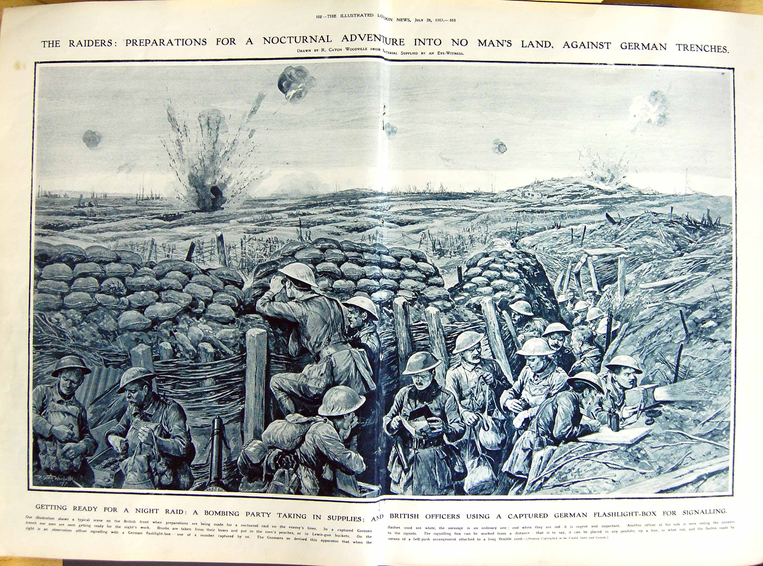 Old Vintage Print 1917 War British Officers German Trenches Music Band 20th