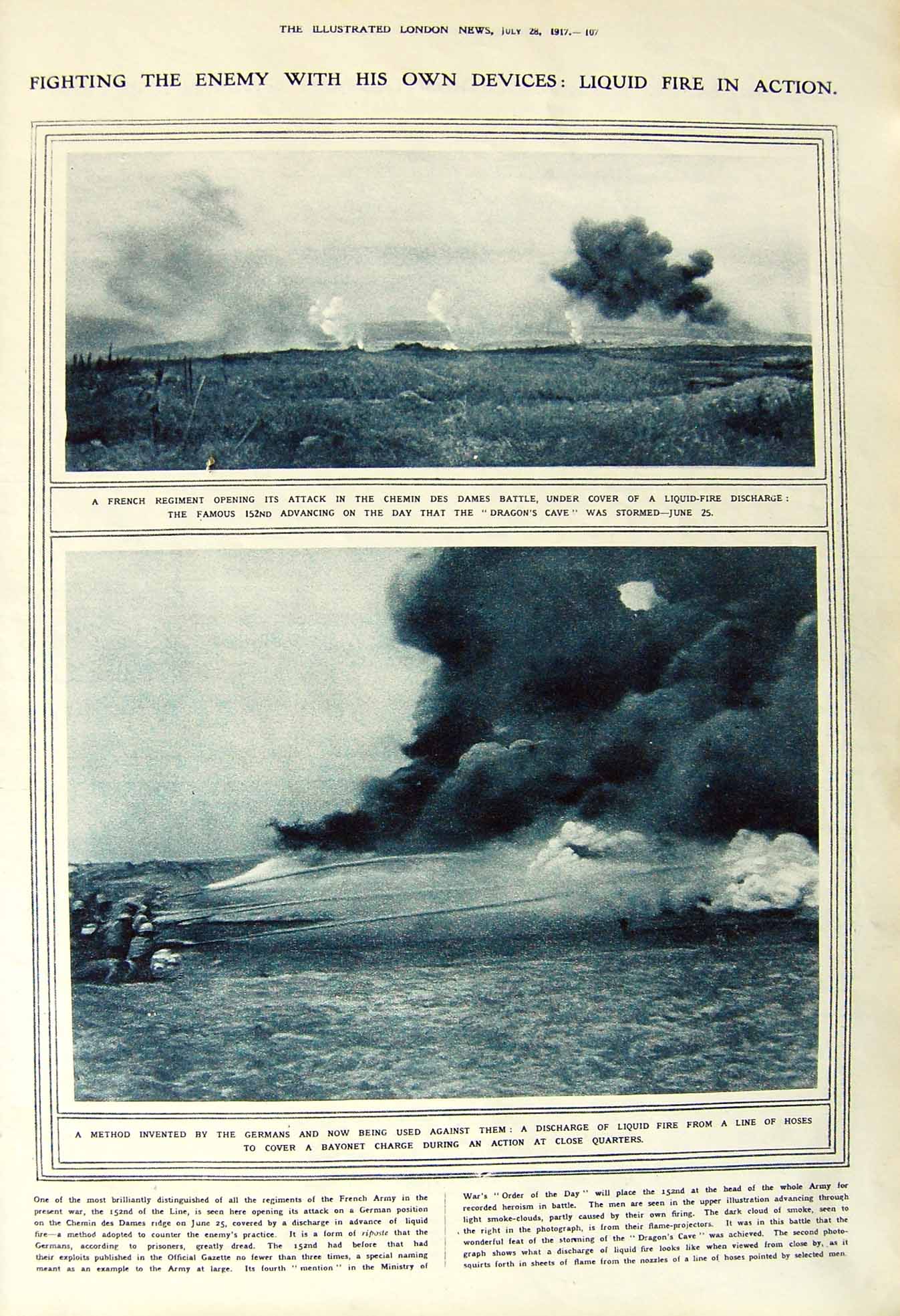 Old Vintage Print 1917 French Soliders War Chemin Liquid Fire Vimy Ridge 20th