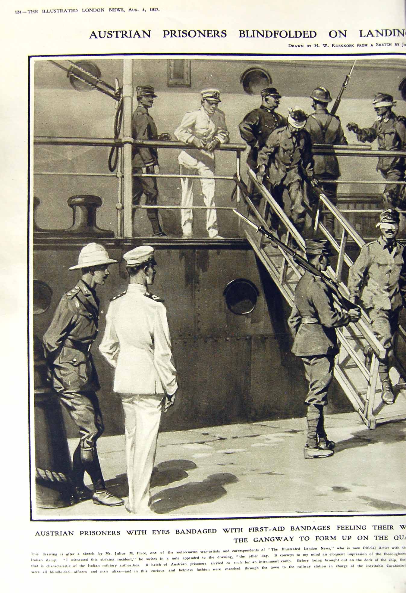 Original Old Vintage Print 1917 Austrian BlindfPrisoners Italy Ship War Price