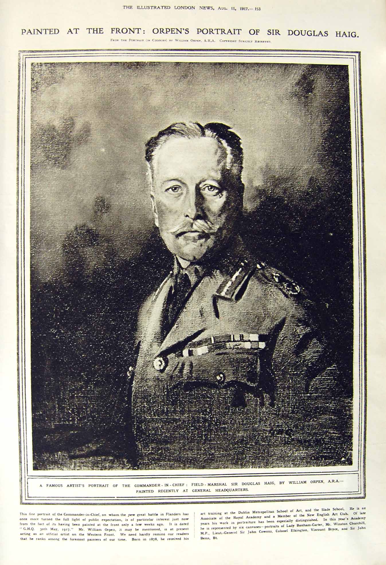 Old Vintage Print 1917 Field-Marshal Douglas Haig Flanders War Artillery 20th