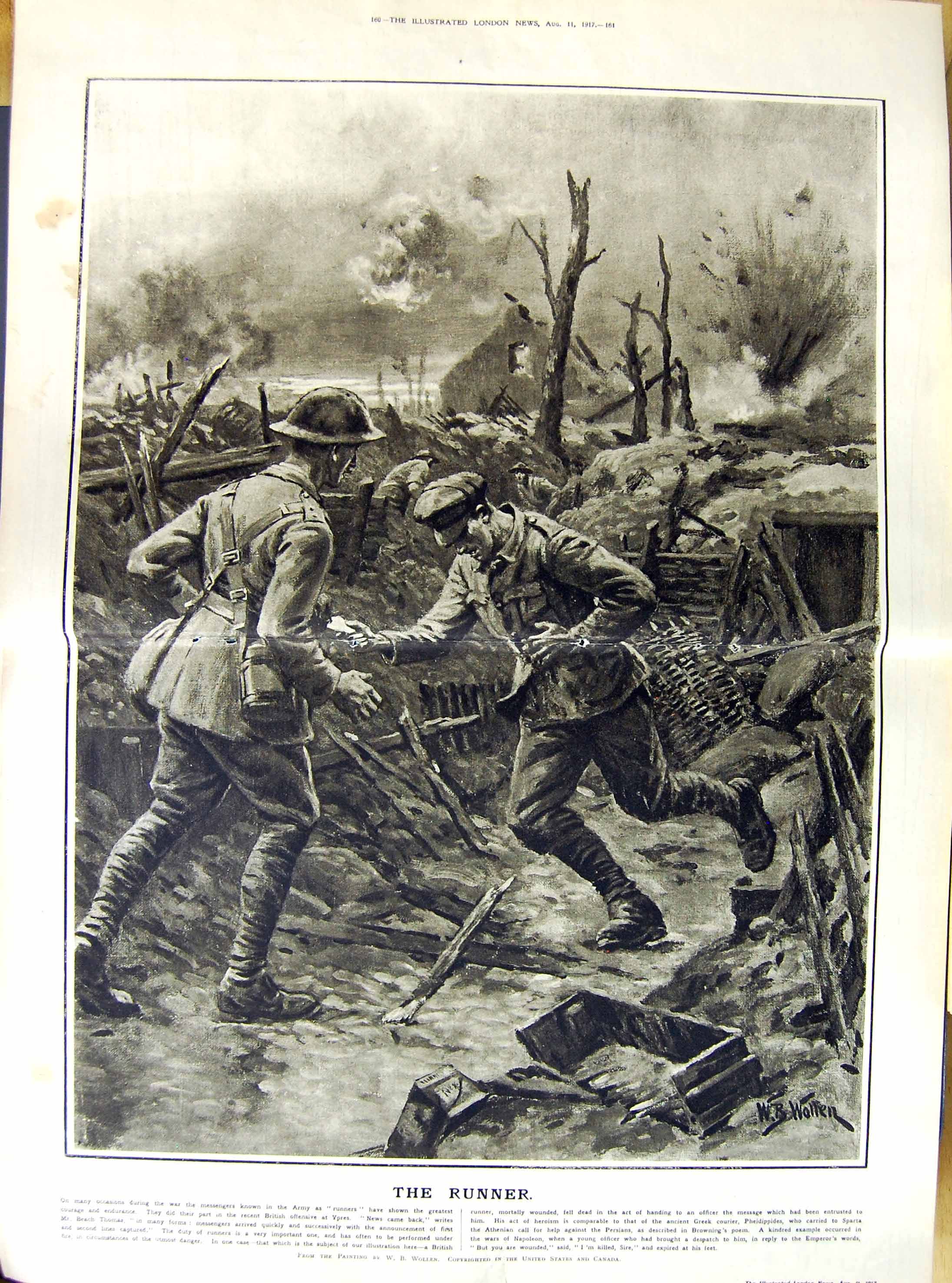 Old Vintage Print 1917 War Runner Ypres Siers Howitzer Flanders Battle 20th
