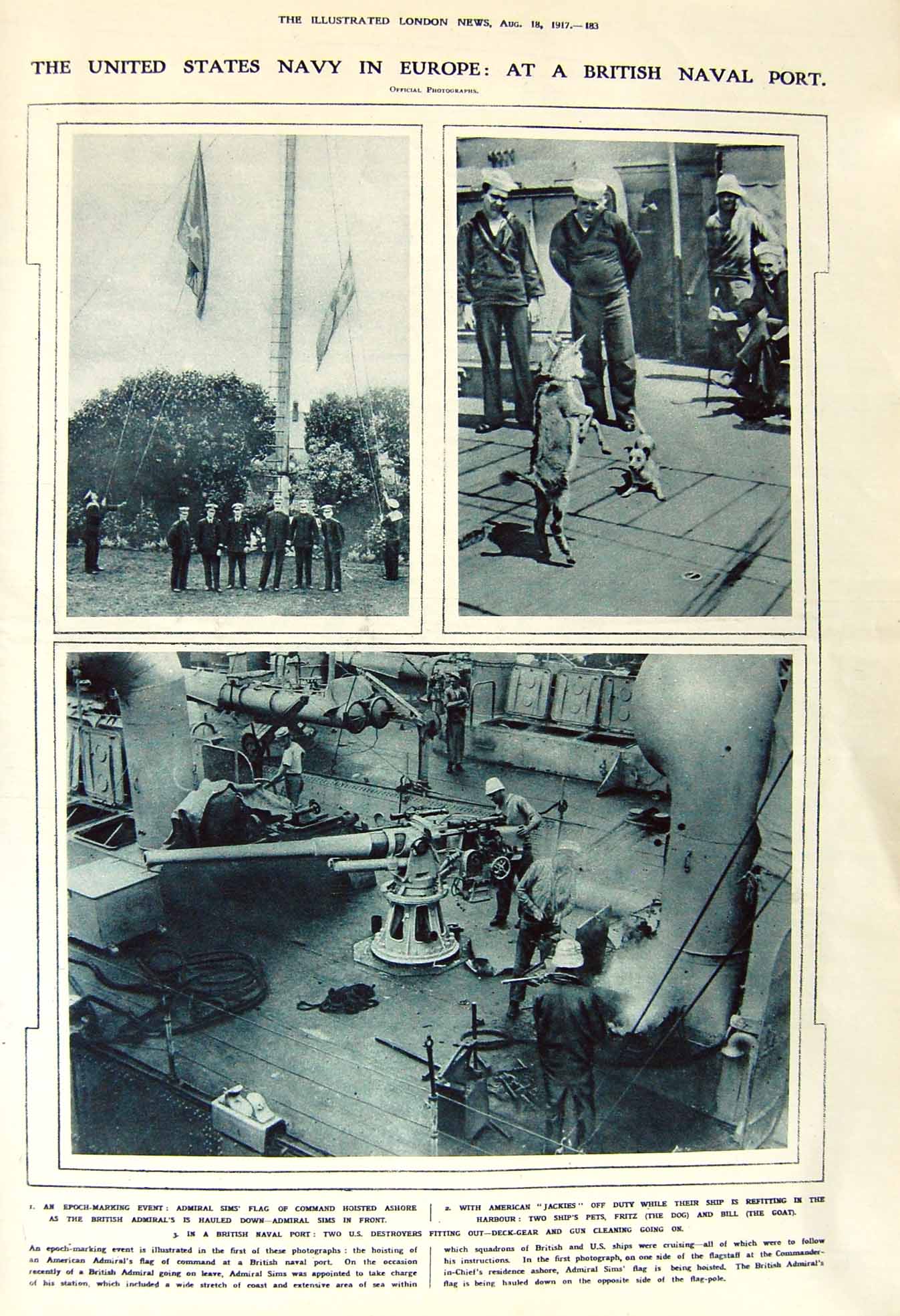Old Vintage Print 1917 British Navy Admiral Sims Ship Gotha German Plane 20th