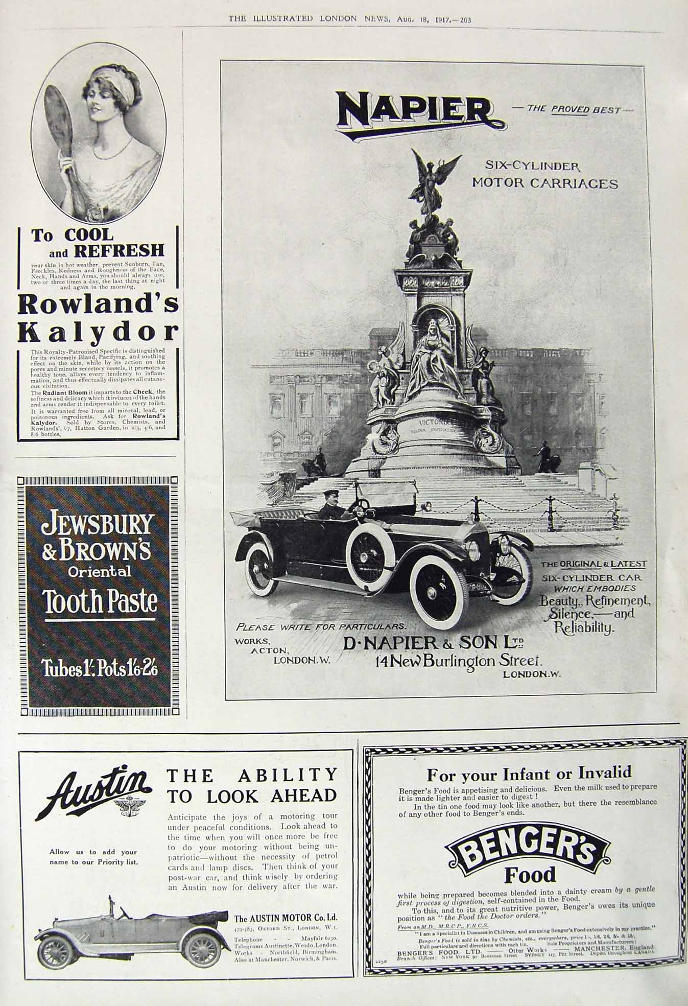 Original Old Vintage Print 1917 Napier Motor Car Austin Bengers Food Toothpaste