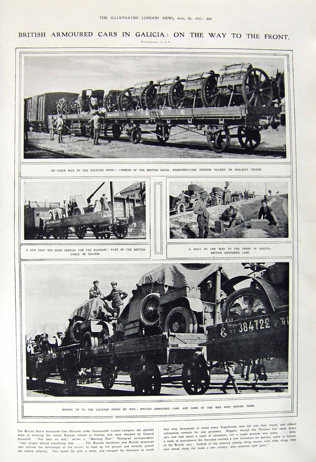 Old Vintage Print 1917 British Armoured Cars Galicia Train War Prisoners 20th