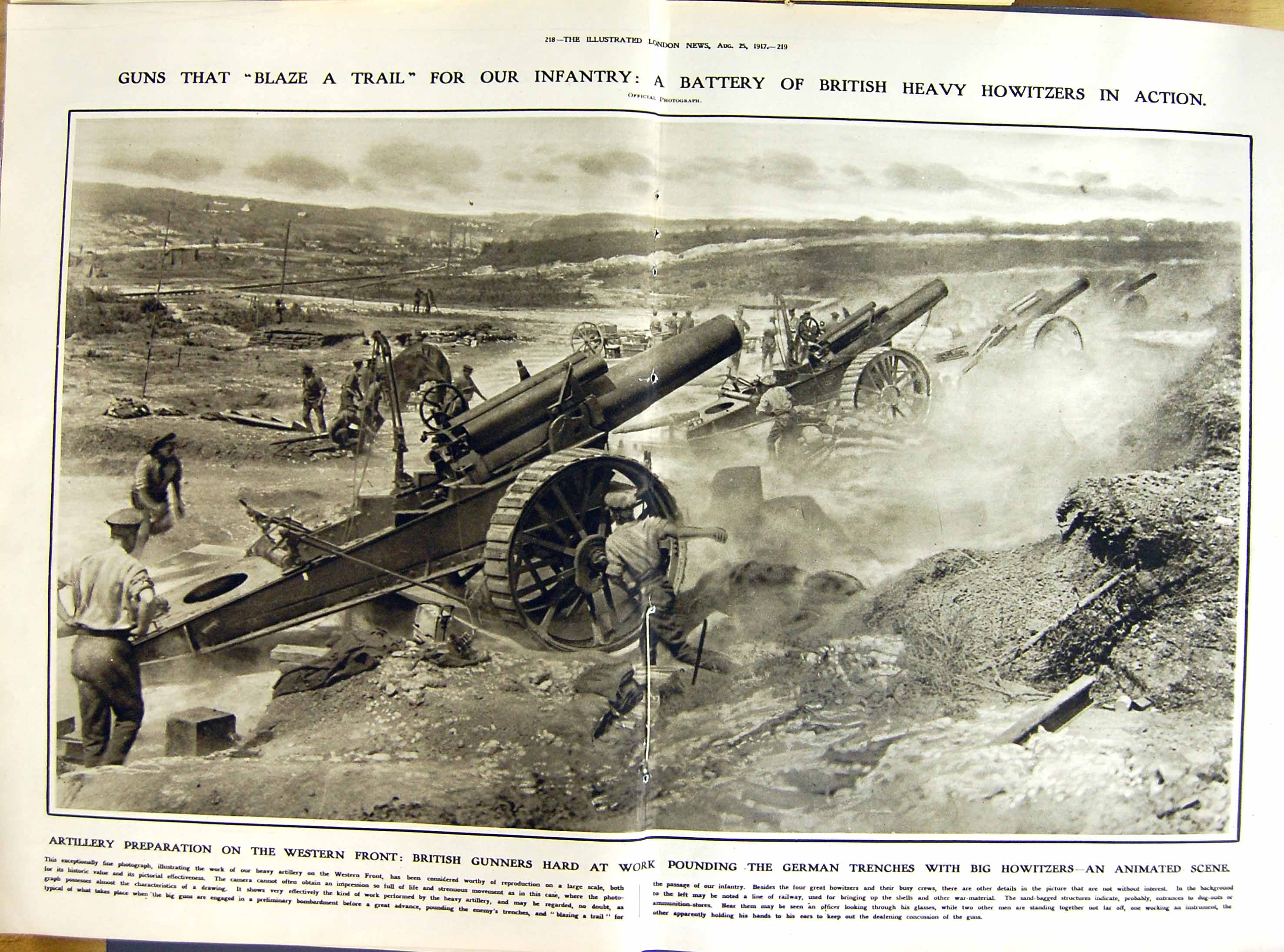 Original Old Vintage Print 1917 War British Gunners German Trenches Howitzers