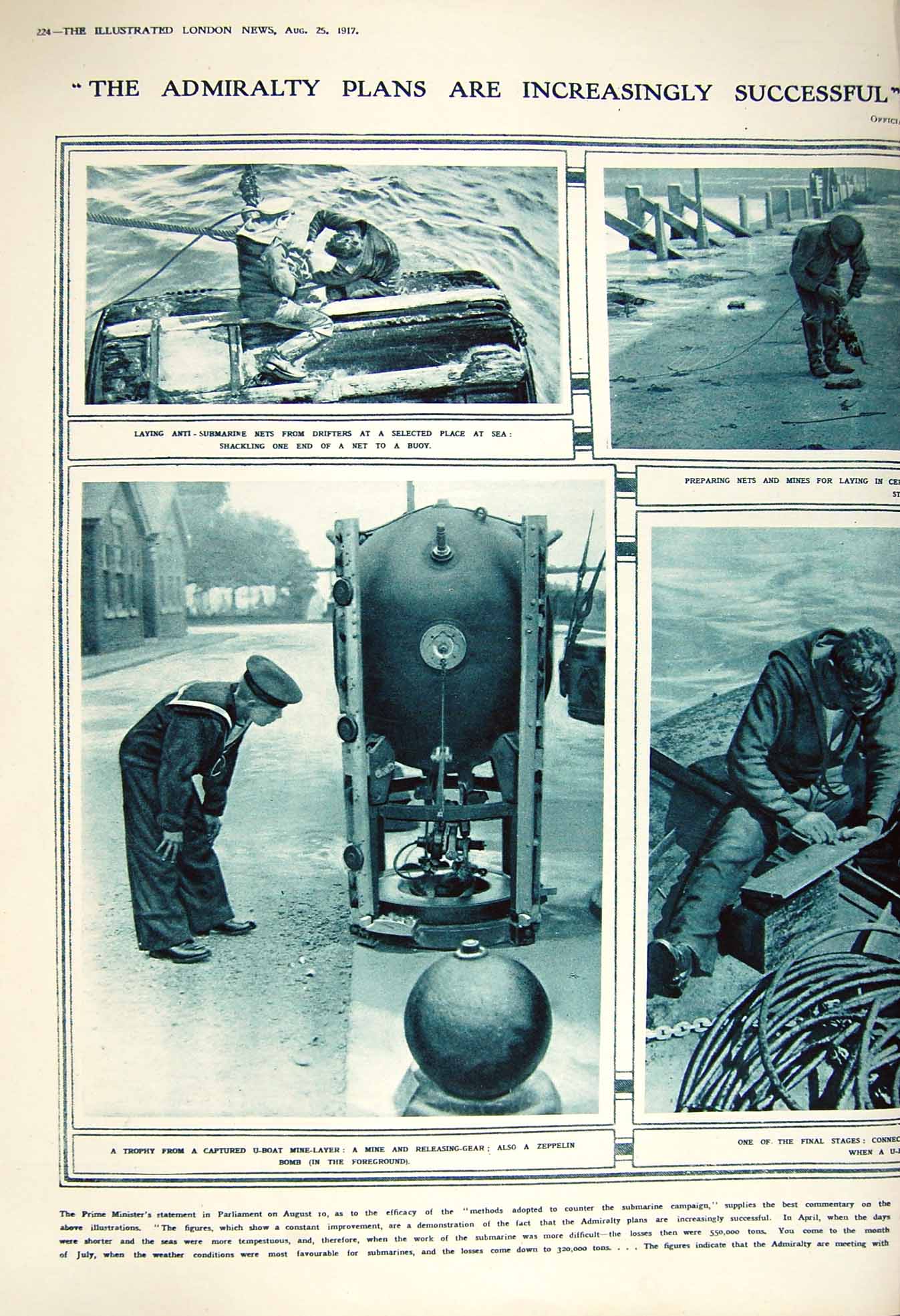 Old Vintage Print 1917 U-Boat Mine-Layer Anti-Submarine Nets Sailors Navy 20th