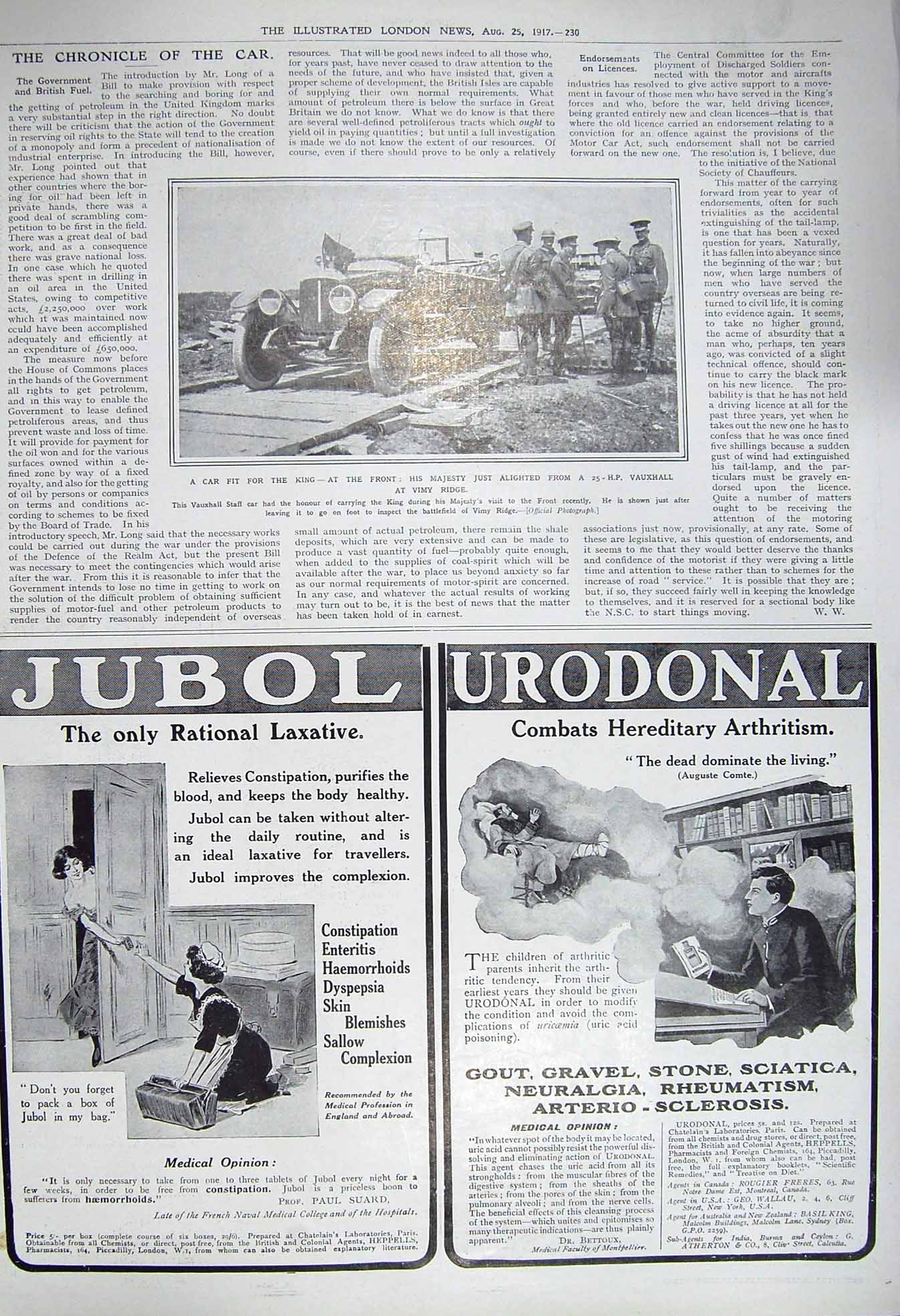 Original Old Vintage Print 1917 King England Vauxhall Car Vimy Ridge Urodonal