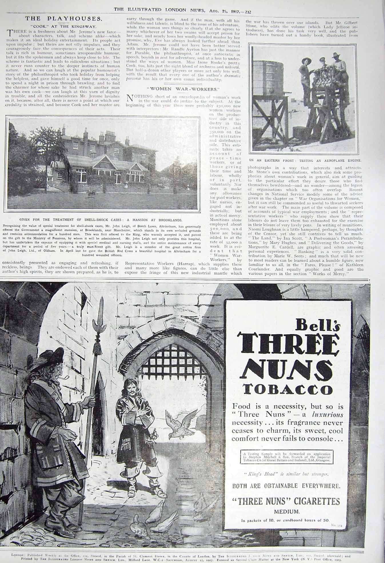 Old Vintage Print 1917 Aeroplane Engine War Mansion Brooklands Leigh Lawn 20th