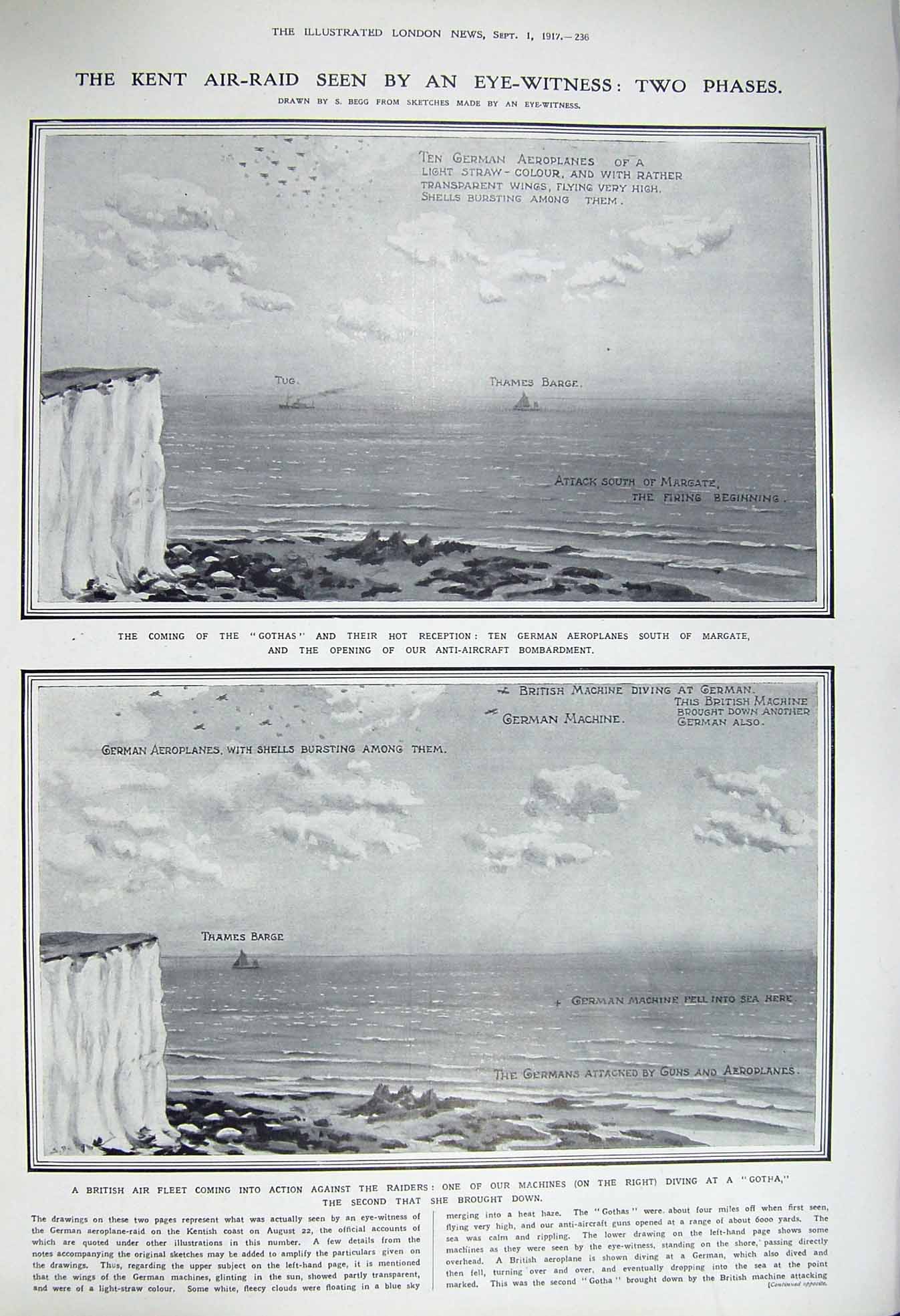 Old Vintage Print 1917 Kent Air Raid War German Aeroplanes Gotha Prisoner 20th
