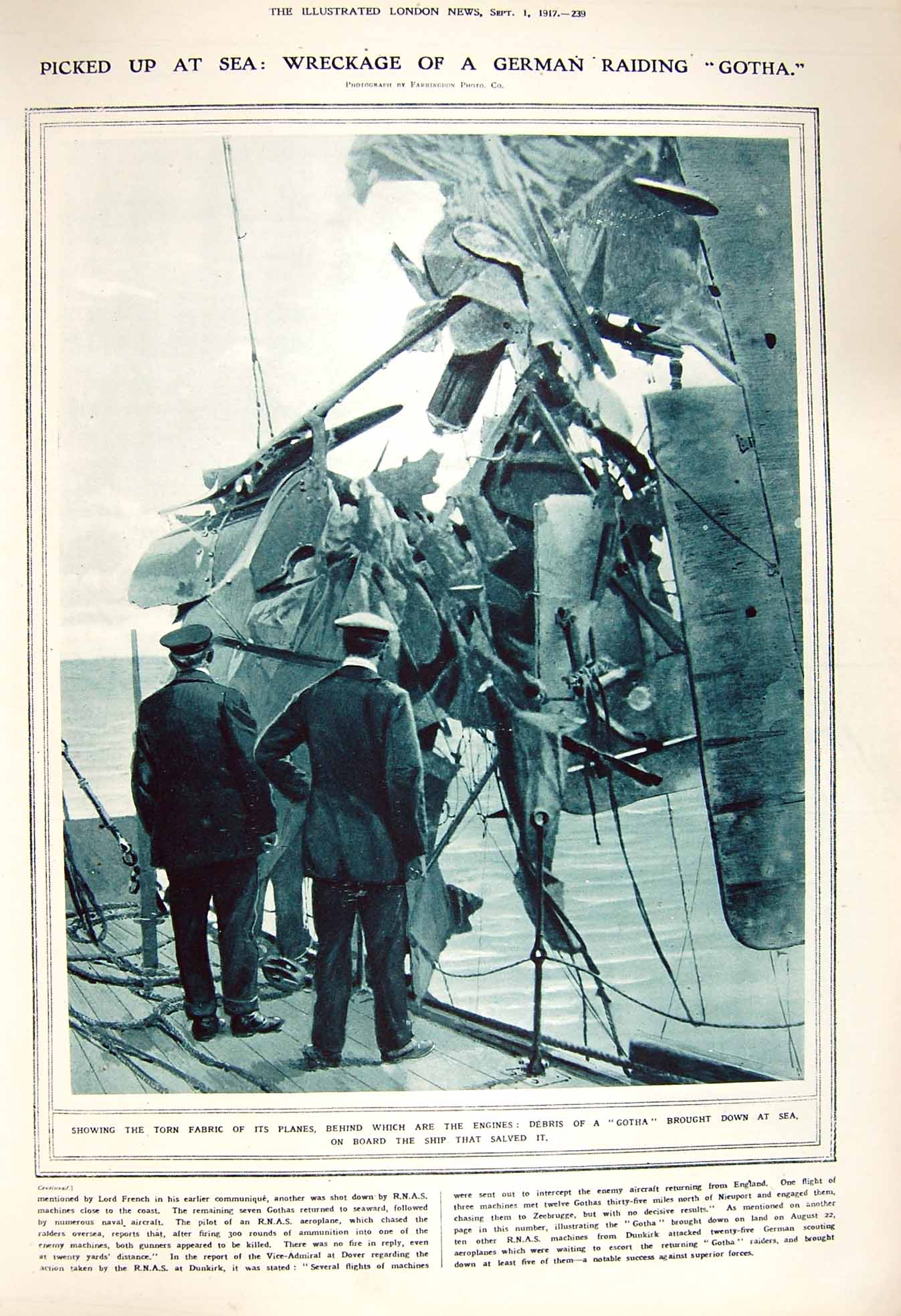 Original Old Vintage Print 1917 Wreckage German Gotha Ship War Kent Cornfield