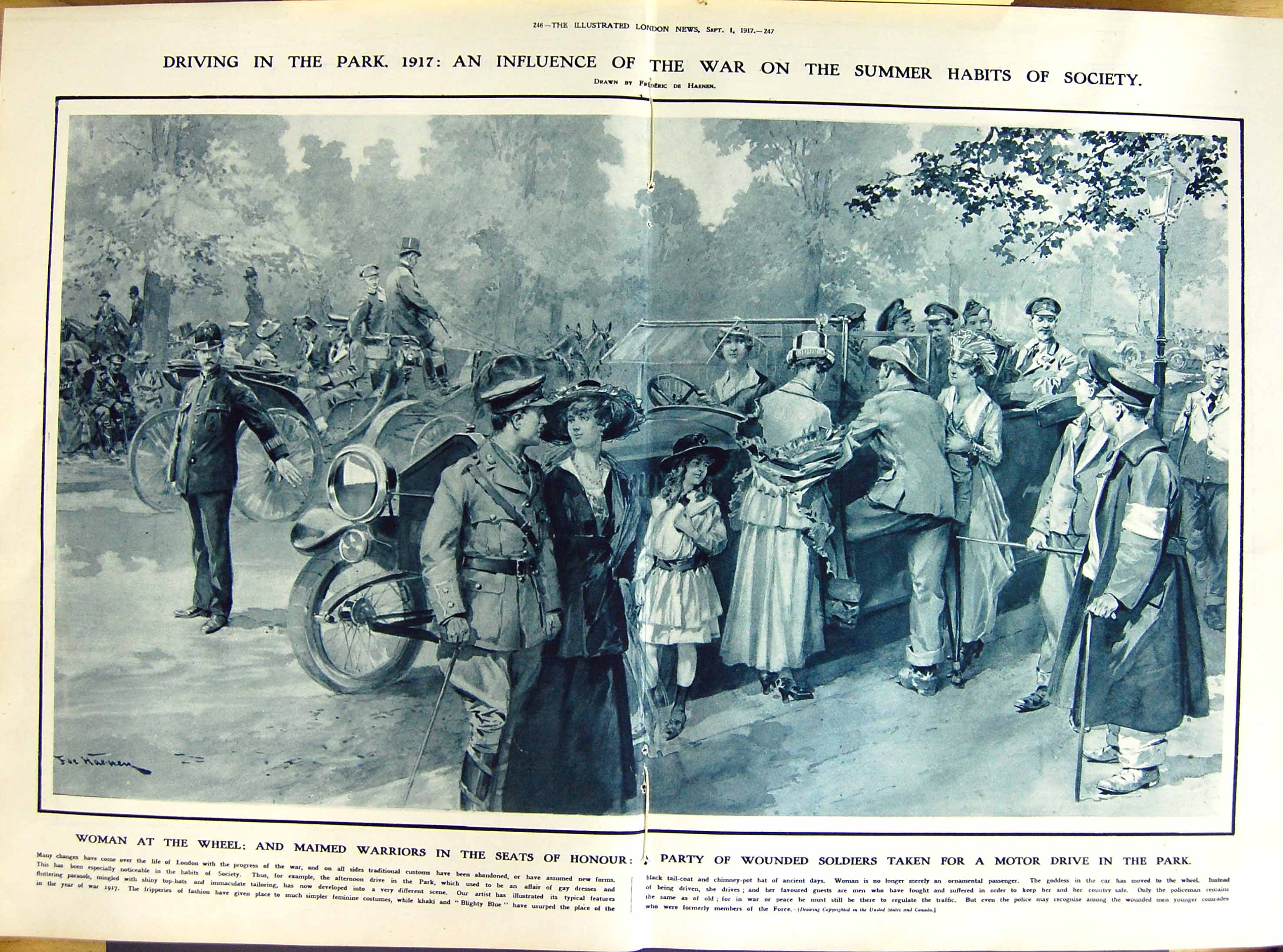 Original Old Vintage Print 1917 Wounded War Siers Motor Car London Women 20th