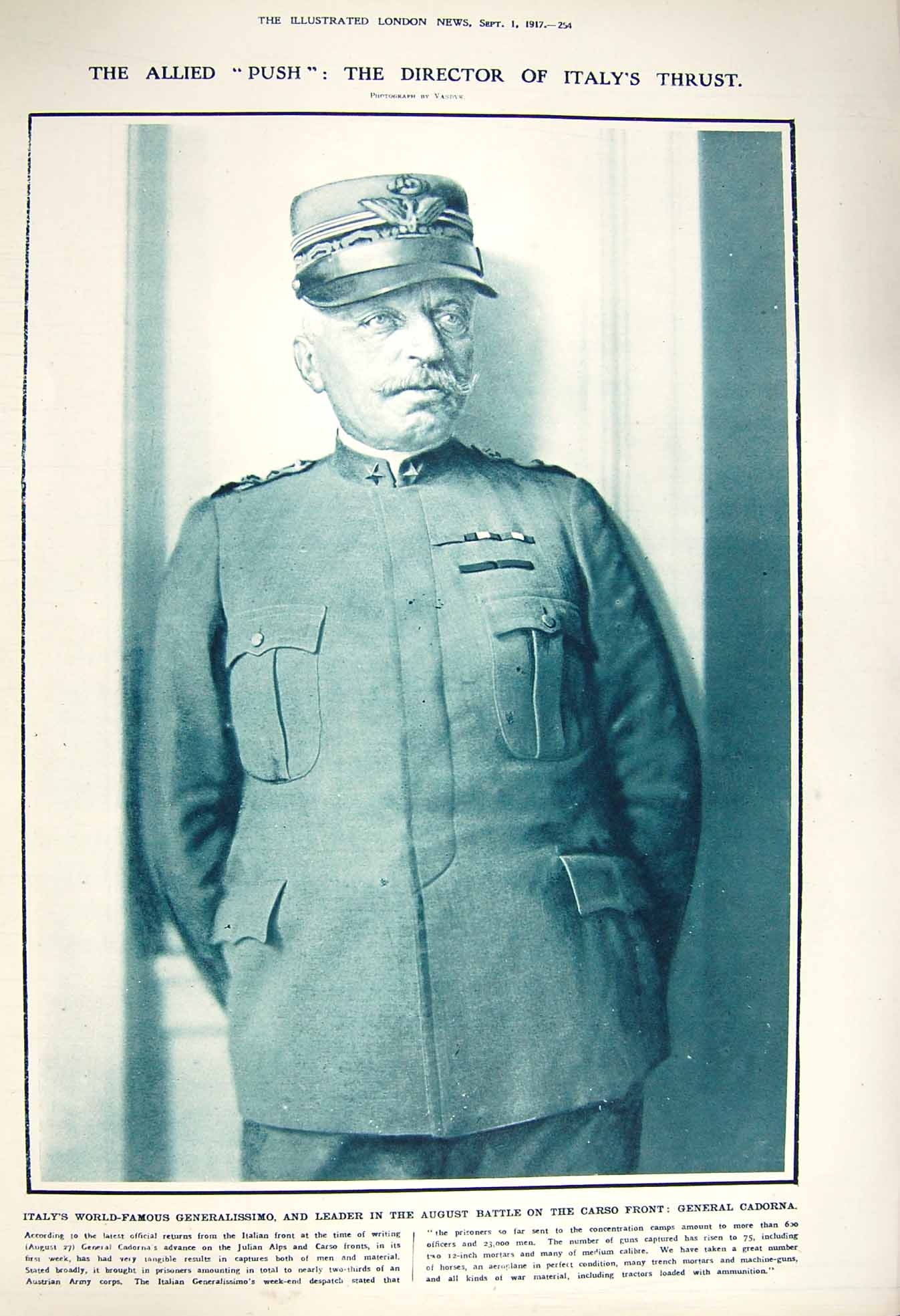 Original Old Vintage Print 1917 General Cadorna Italy Howitzers German Guns War