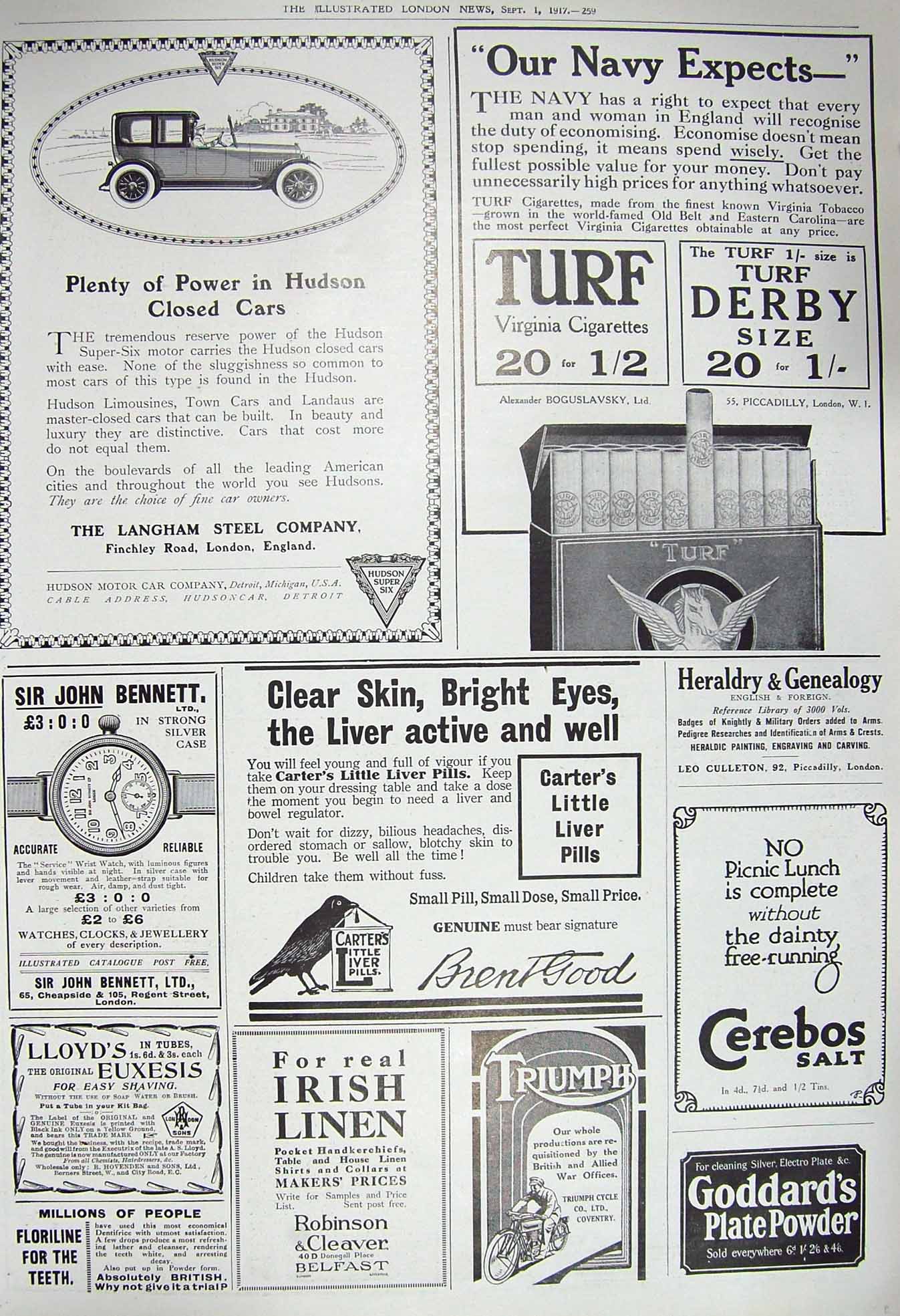 Old Vintage Print 1917 Advertisement Hudson Car Liver Pills Irish Linen 20th