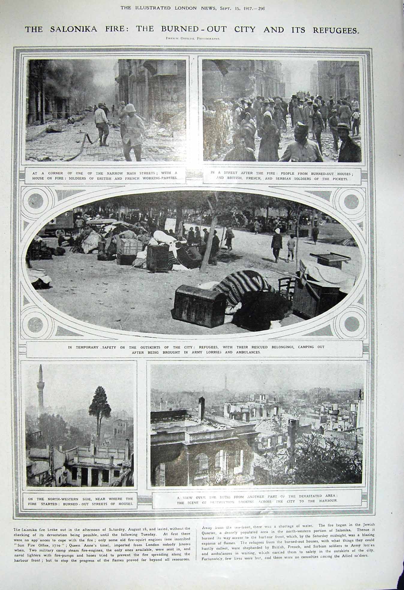 Original Old Vintage Print 1917 Salonika Fire Refugees Queen Victoria Plunkett