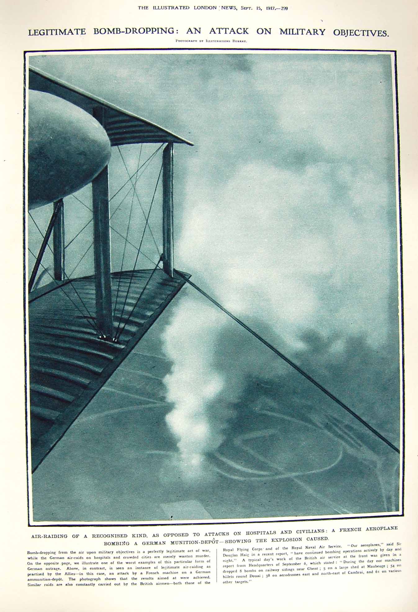 Original Old Vintage Print 1917 Air-Raid French Aeroplane Bombing German Depot
