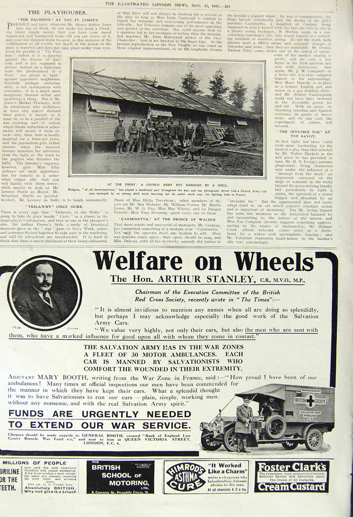 Original Old Vintage Print 1917 Church Army Hut Bomb War Siers Ambulance 20th