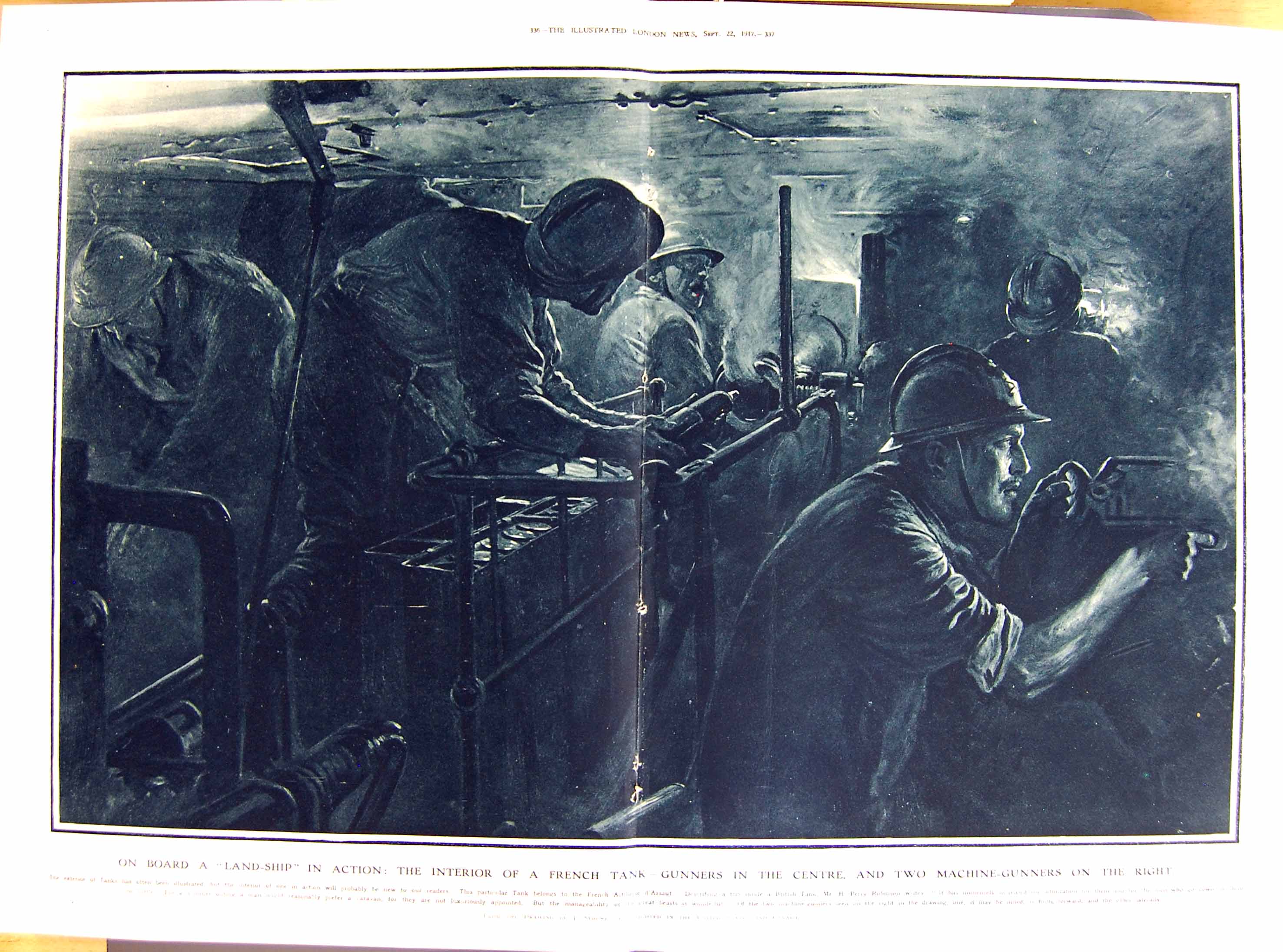 Antique Old Print 1917 Land-Ship War French Tank Machine-Gunners Robinson 20th