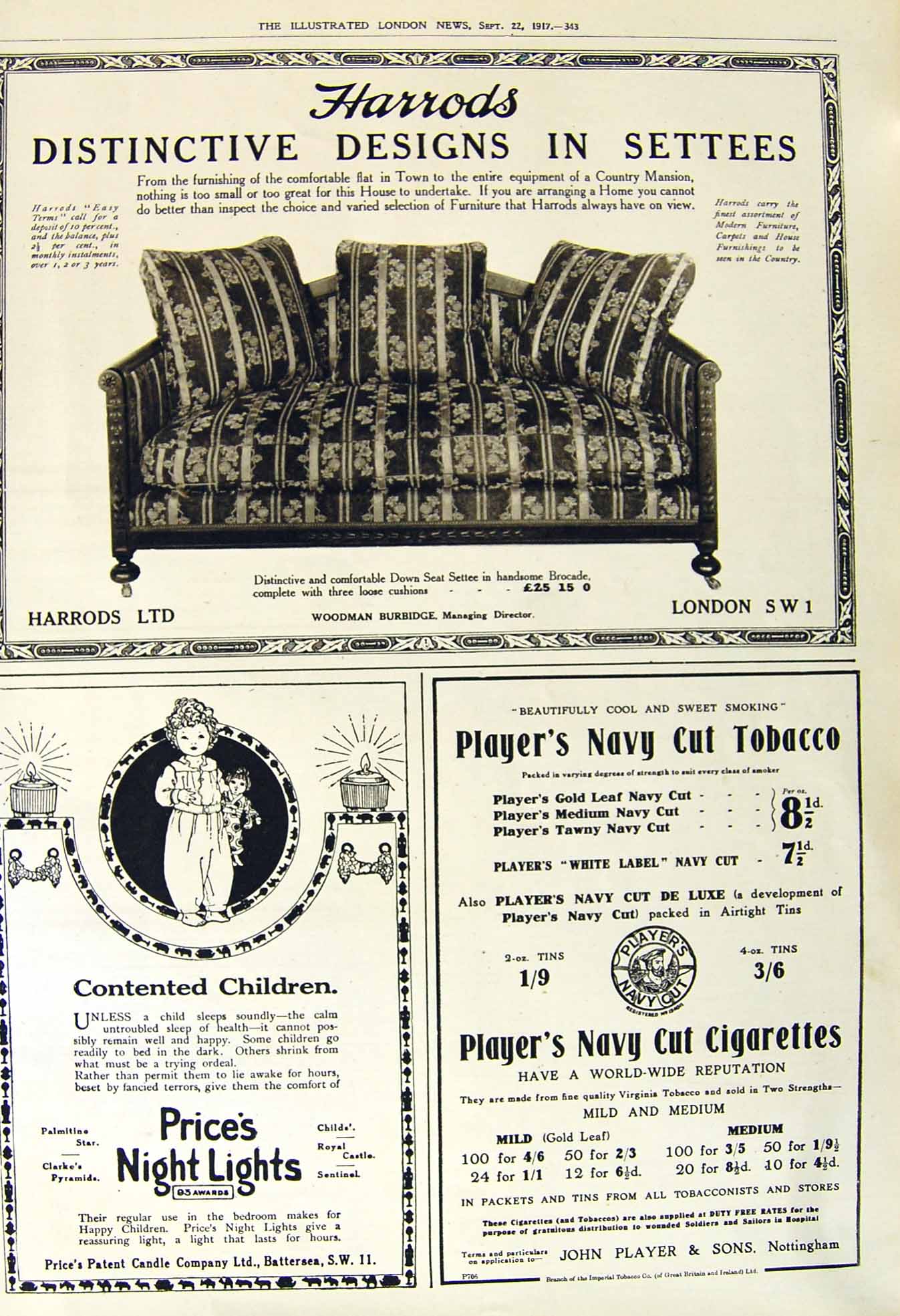 Old Vintage Print 1917 Harrods Furniture Players Cigarettes Price Lights 20th