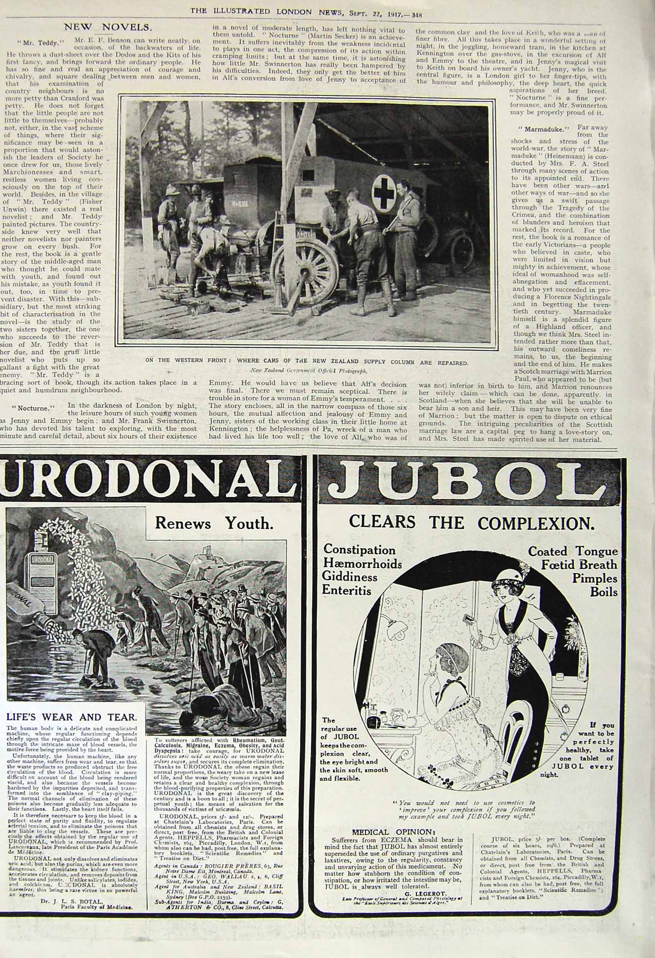 Original Old Vintage Print 1917 War Western Front Cars New Zealand Red Cross