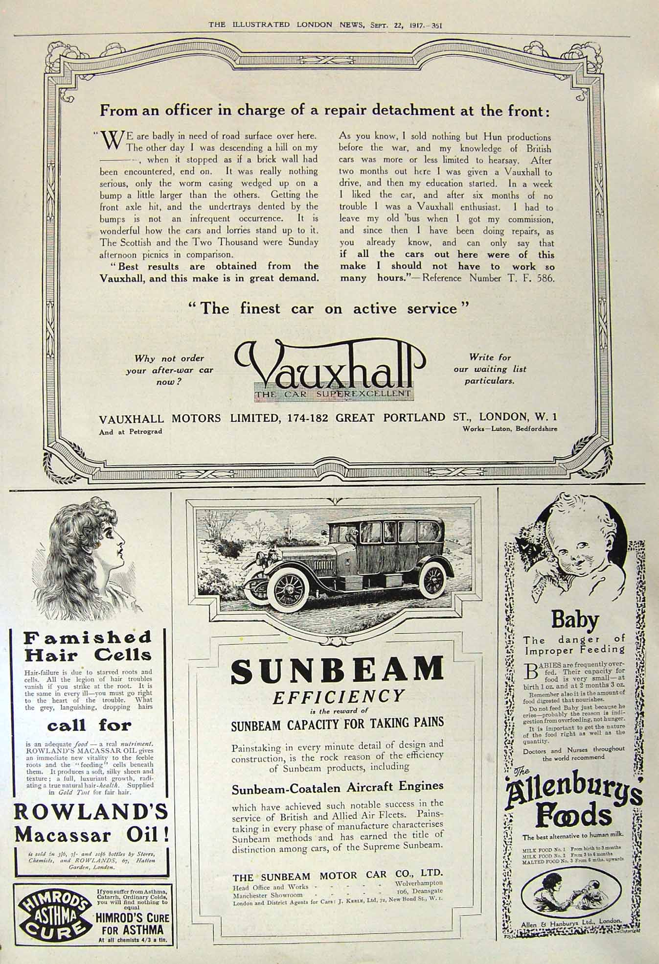 Old Vintage Print 1917 Vauxhall Motor Car Sunbeam Allenburys Food Himrod 20th