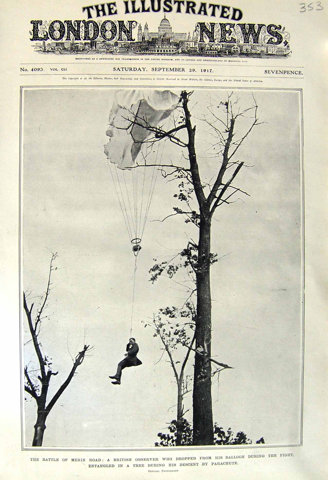 Original Old Vintage Print 1917 Battle Menin British Man Parachute Douglas Haig