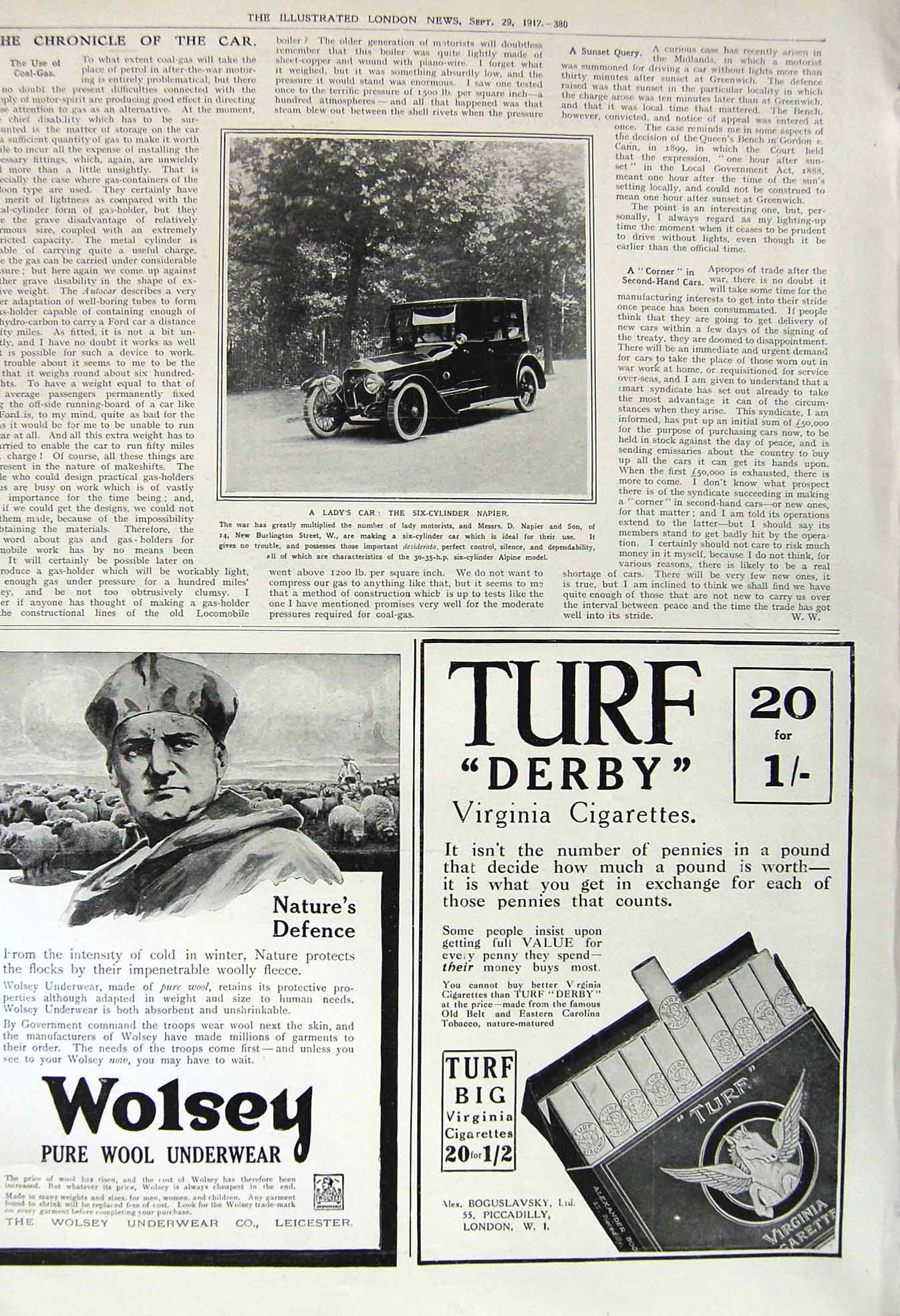Old Vintage Print 1917 Six-Cylinder Napier Motor Car Cameron Pen Seegerol 20th