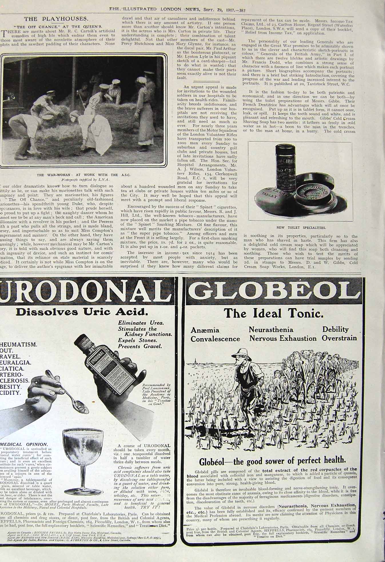 Old Vintage Print 1917 War Woman Work A.S.C. Toilet Soap Urodonal Tonic 20th
