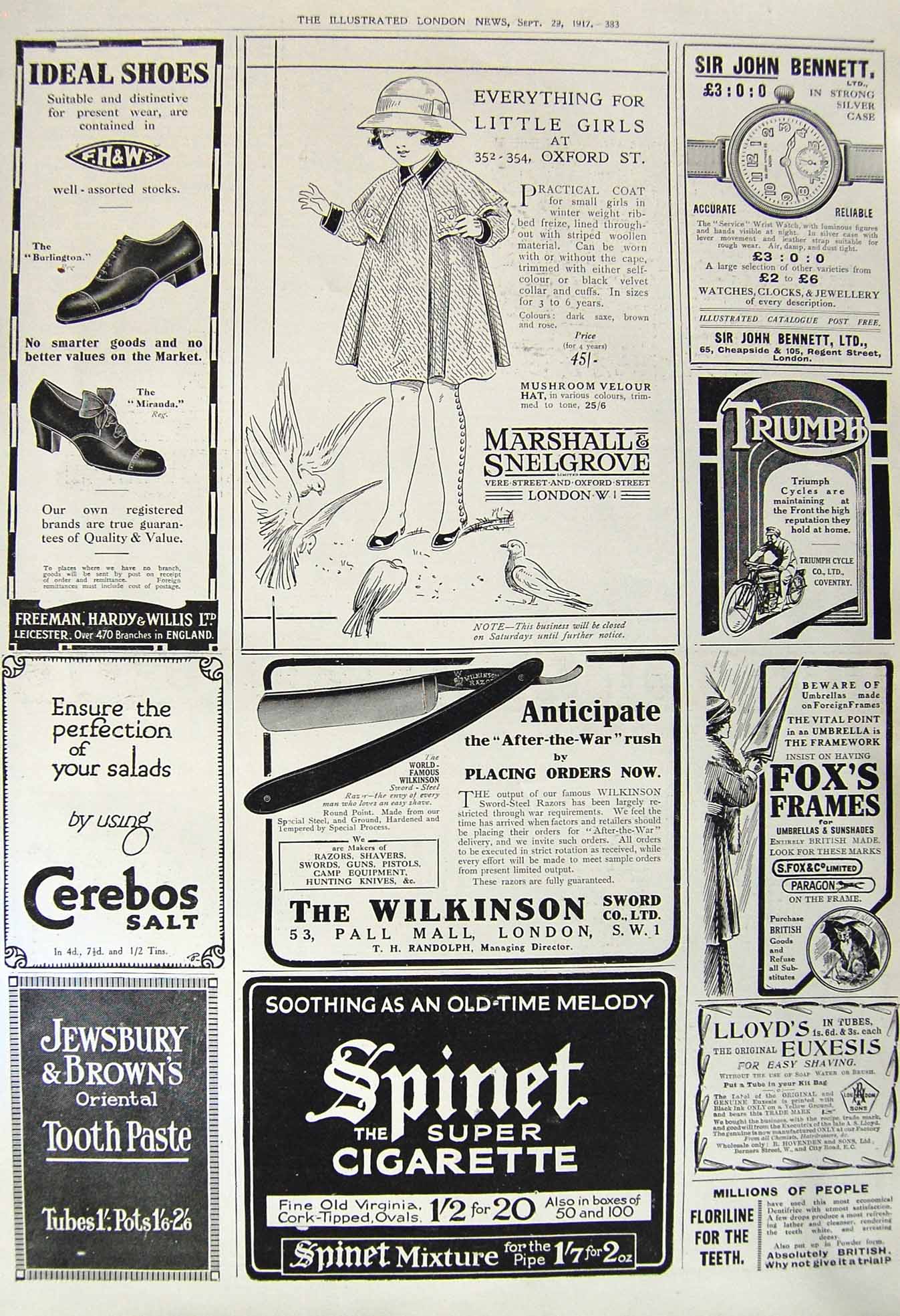 Original Old Vintage Print 1917 Marshal Snelgrove Wilkinson Toothpaste Watch