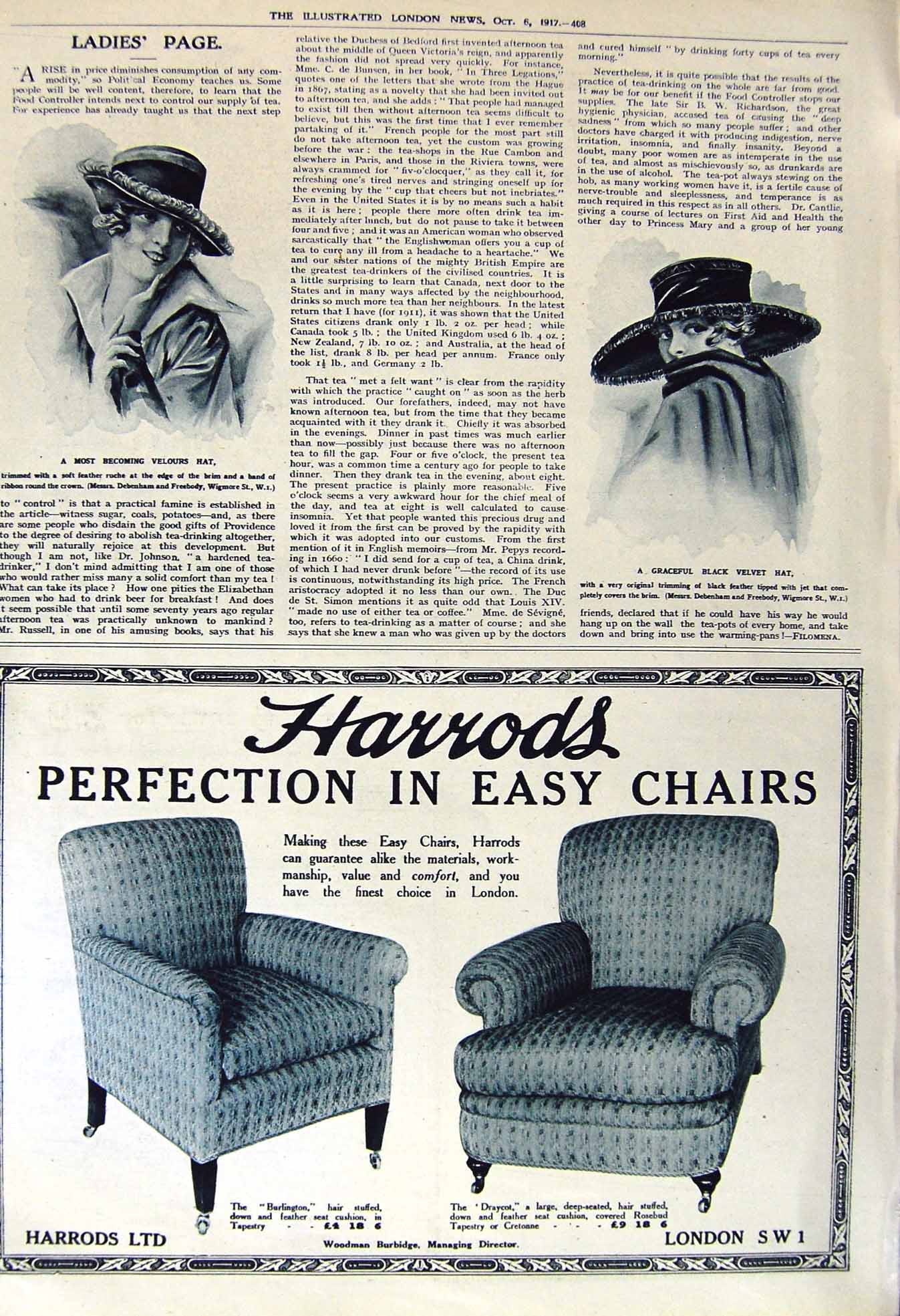 Original Old Vintage Print 1917 Velours Hat Fashion Debenham Freebody Harrods