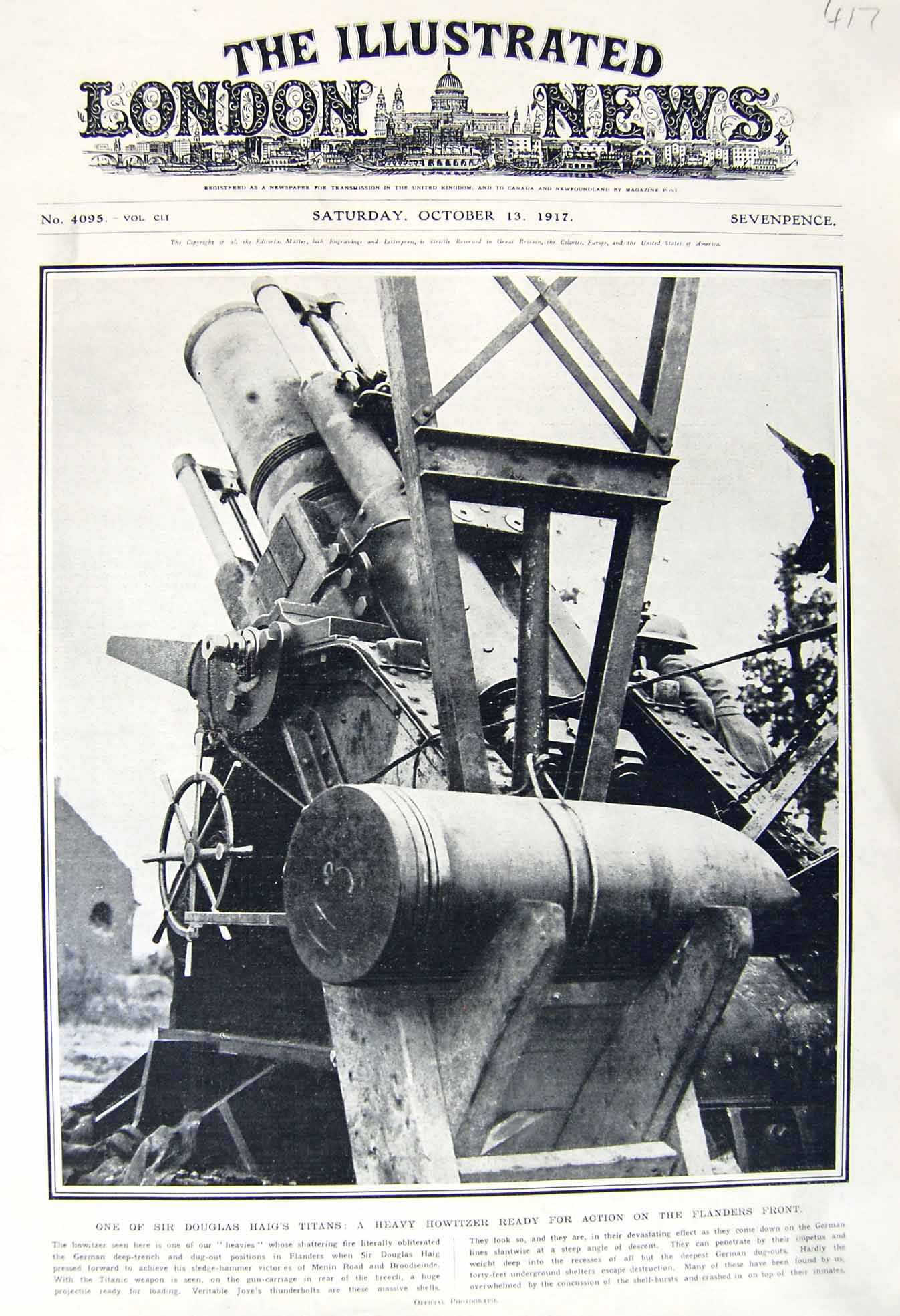 Original Old Vintage Print 1917 Douglas Haig Howitzer Flanders War Chequers Lee