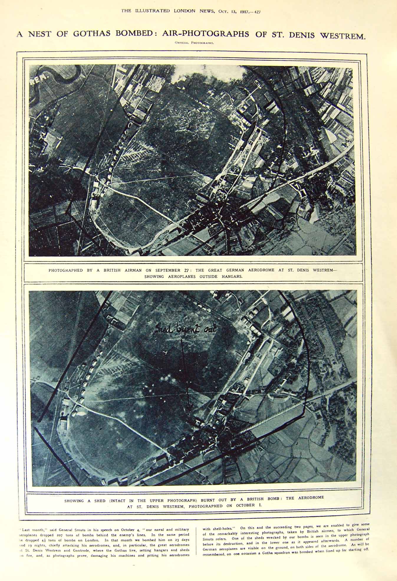 Original Old Vintage Print 1917 German Aerodrome Westrem War British Aeroplane
