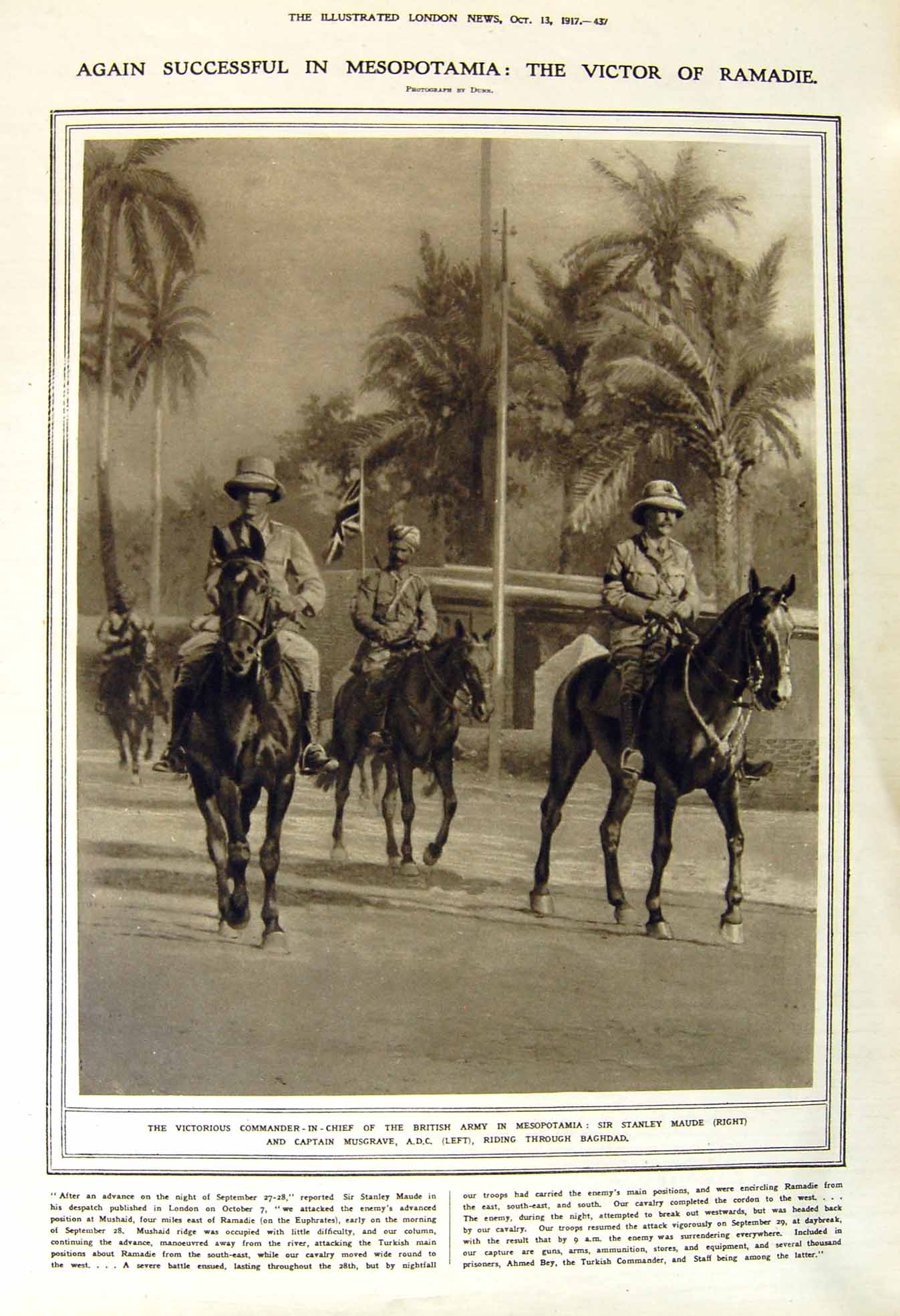 Old Vintage Print 1917 Stanley Maude Musgrave Baghdad Zonnebeke Menin War 20th