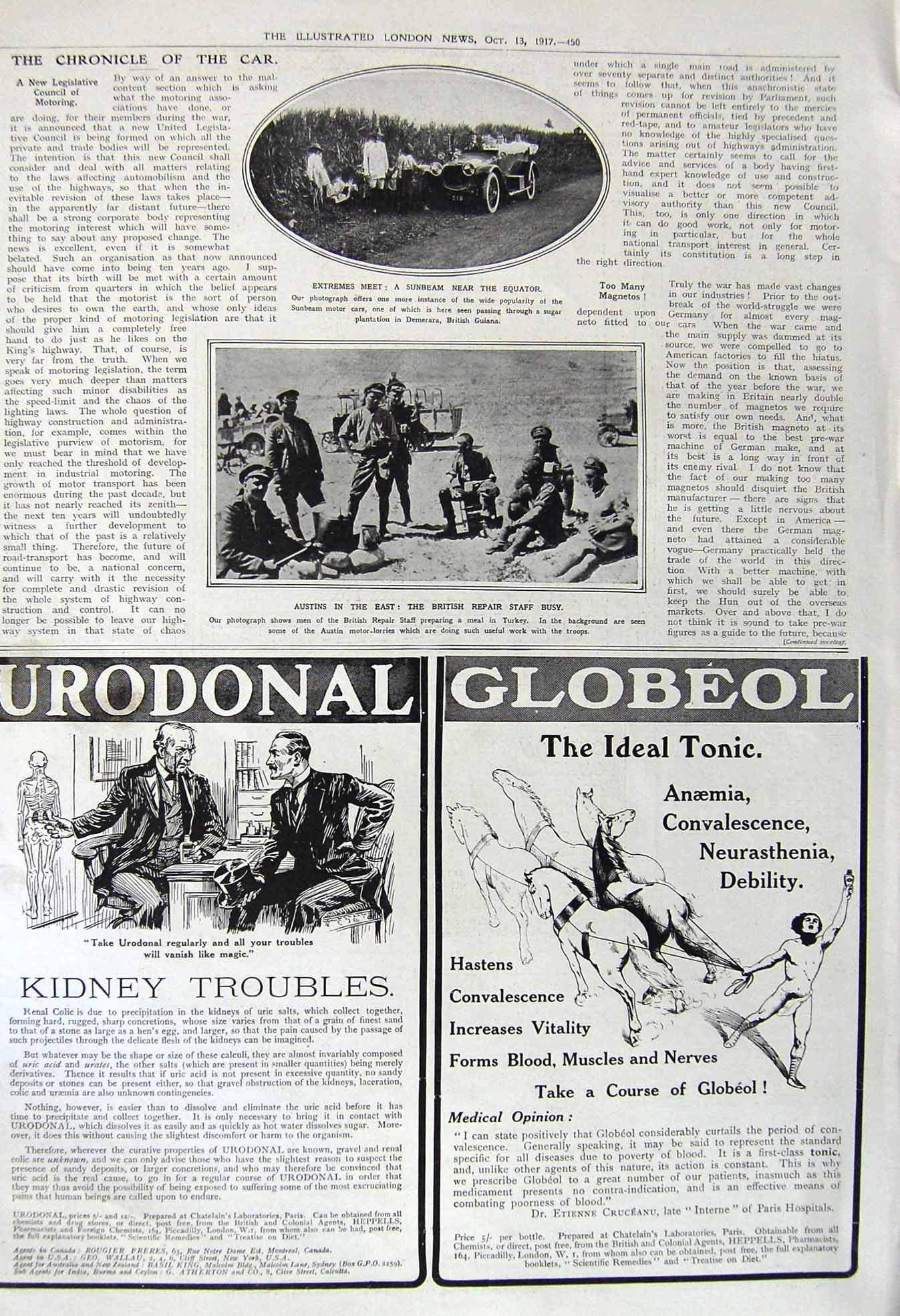 Old Vintage Print 1917 Sunbeam Car Sugar Guiana British Repair Staff War 20th