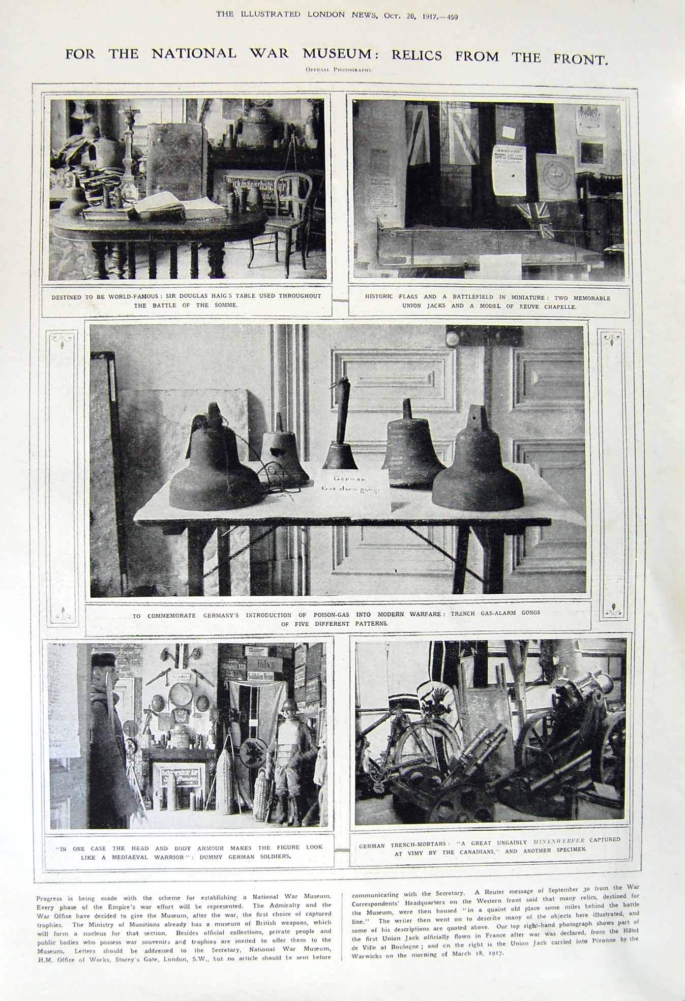 Old Vintage Print 1917 War Museum Somme Gas Alarms Flanders German Trench 20th