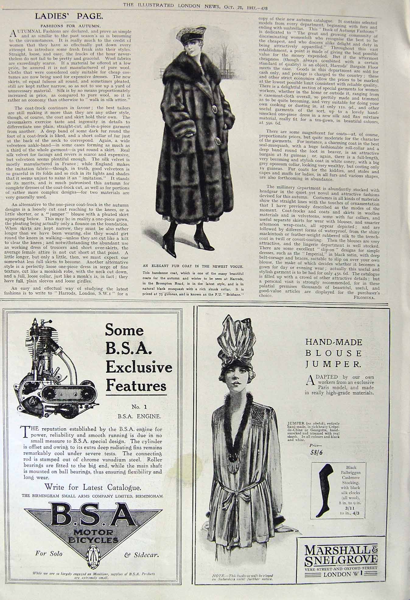 Old Vintage Print 1917 Elegant Fur Coat Fashion Marshall Snelgrove Motor 20th