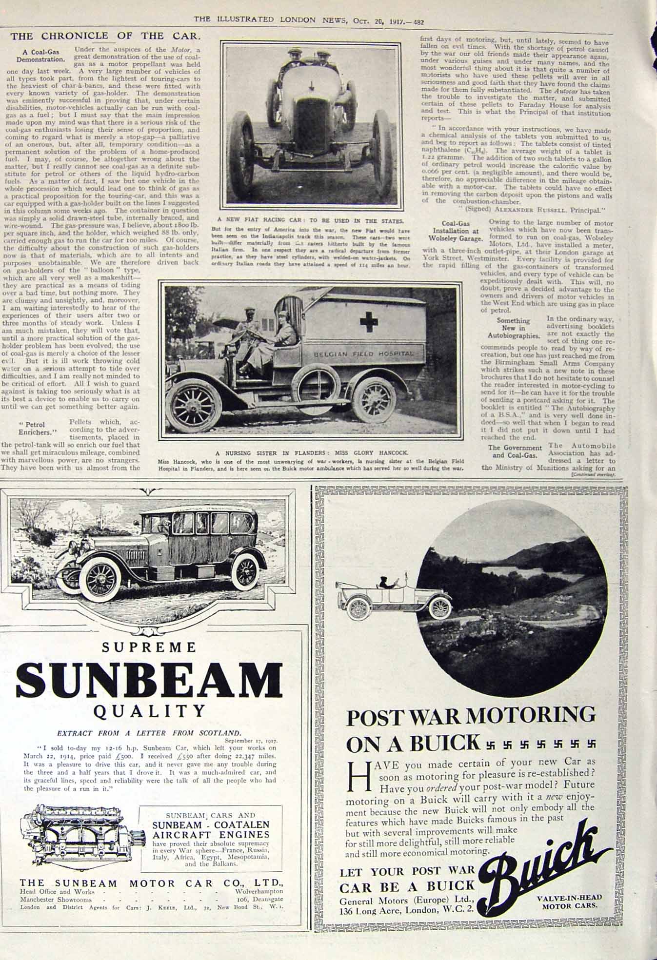 Original Old Vintage Print 1917 Fiat Racing Car America Glory Hancock Nurse War
