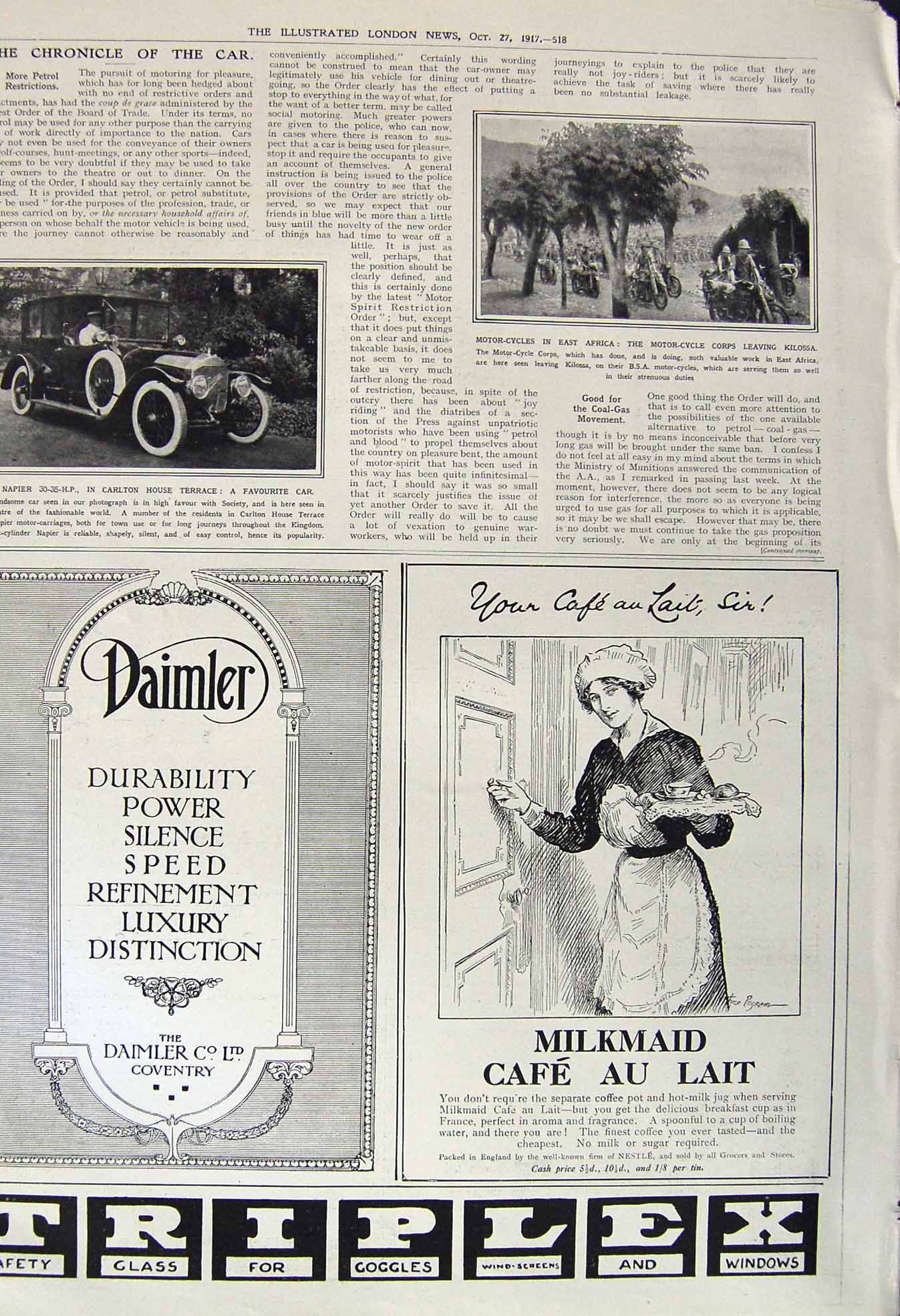 Old Vintage Print 1917 Motor Cycle Africa Kilossa Napier Carlton Daimler 20th