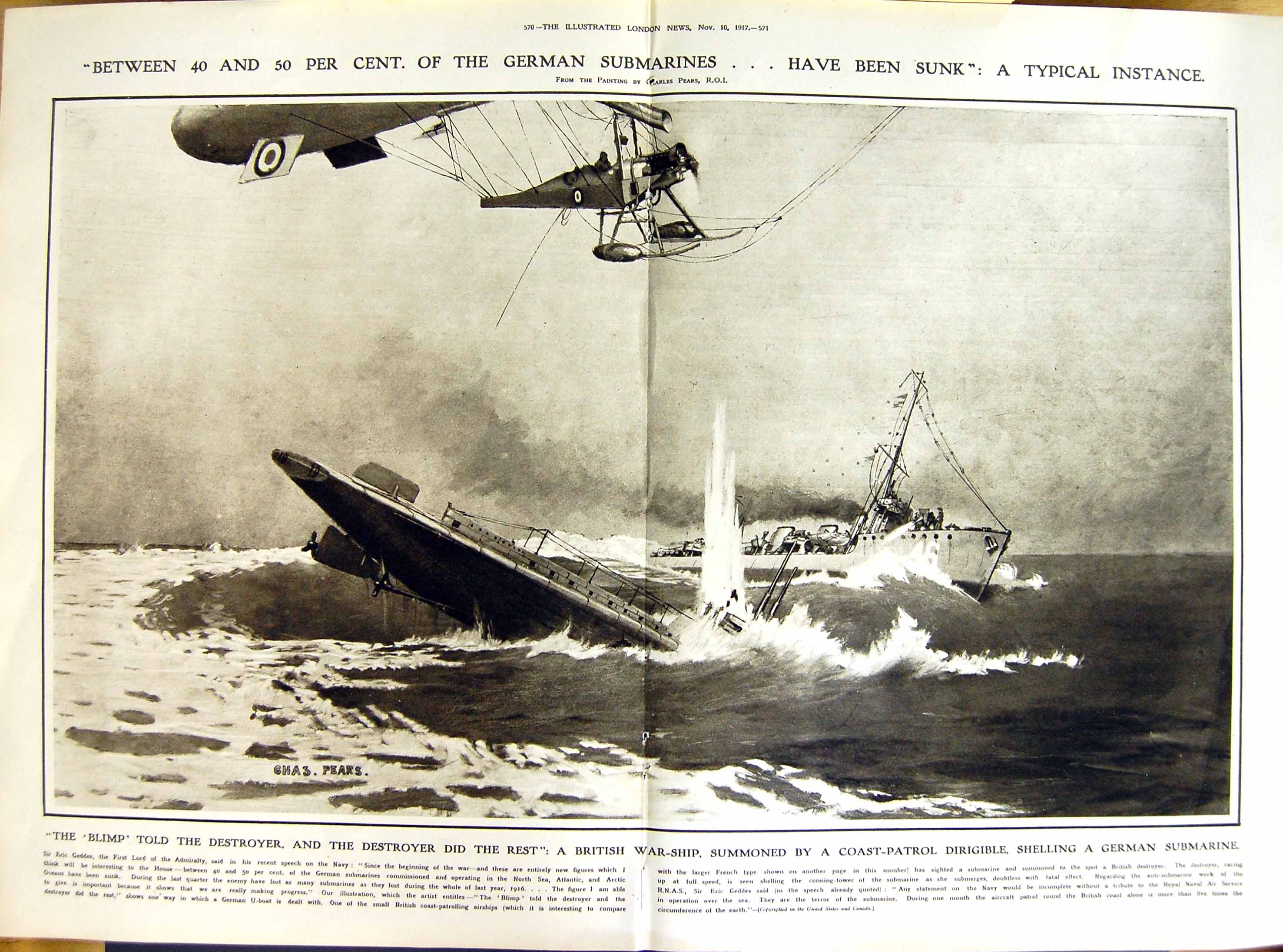 Old Vintage Print 1917 War Blimp Ship Dirigible German Submarine Geddes 20th