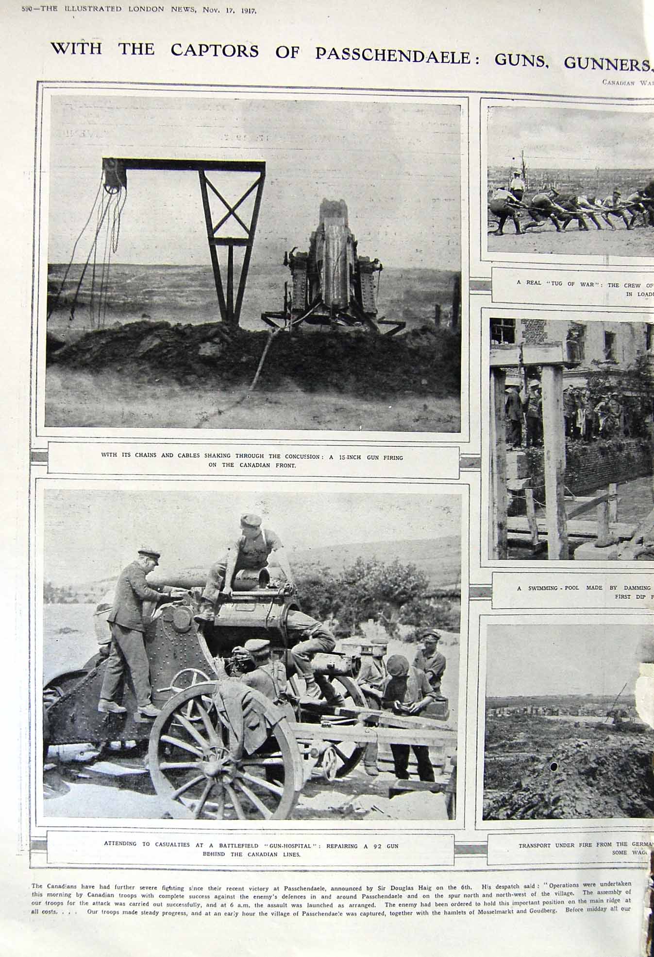 Old Vintage Print 1917 Passchendaele Guns War Gun-Hospital Canada Weapons 20th